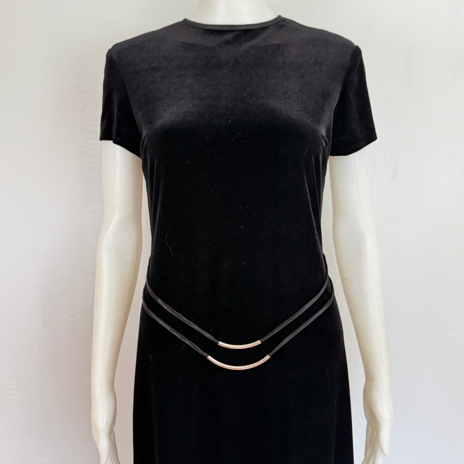 Vintage Black Crushed Velvet Midi Dress with Belt Detail Size Small Satin Trim