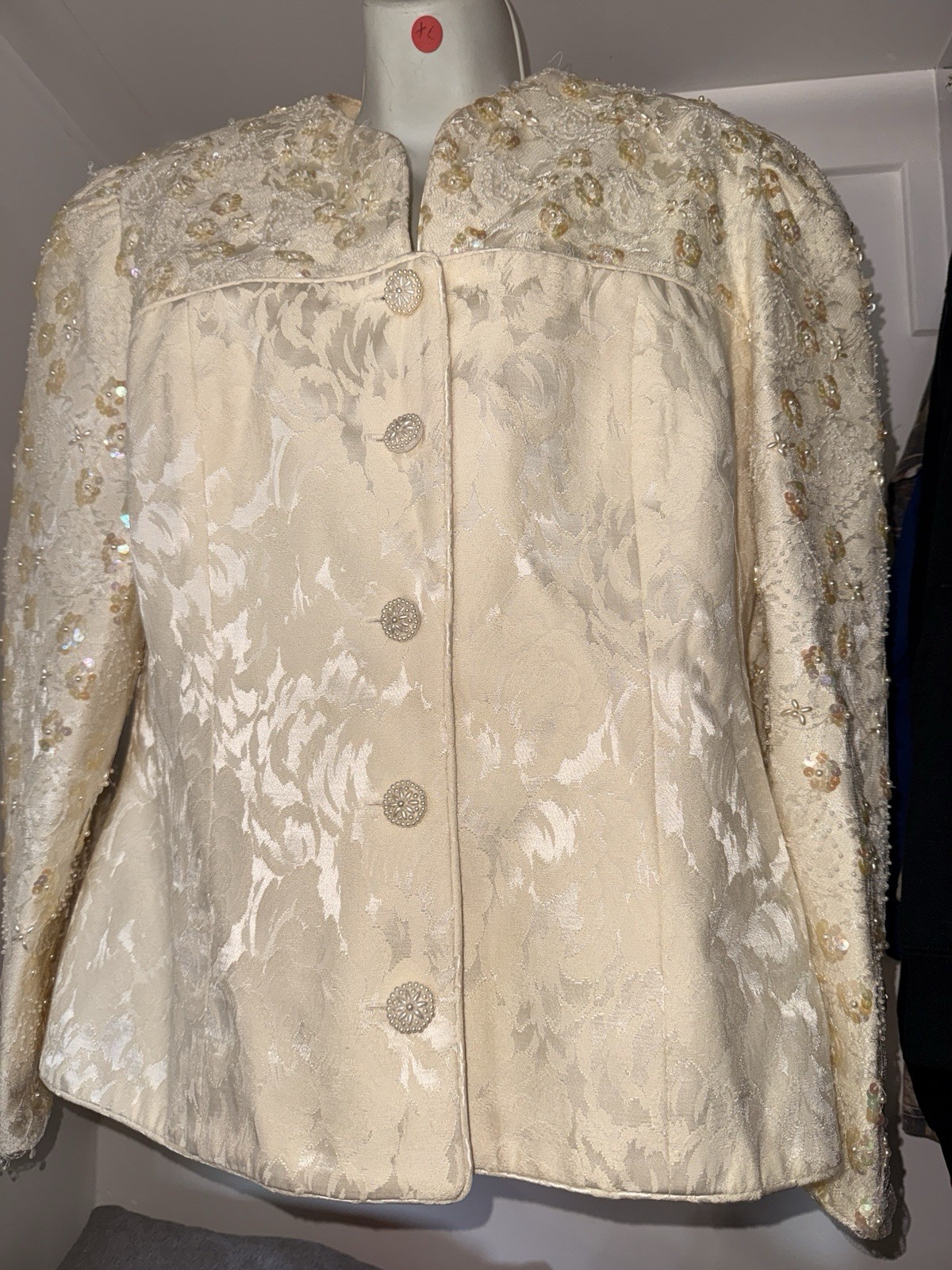 Vintage 1980s Karen Lawrence Ivory Brocade Beaded Sequin Blazer & Skirt Set XL