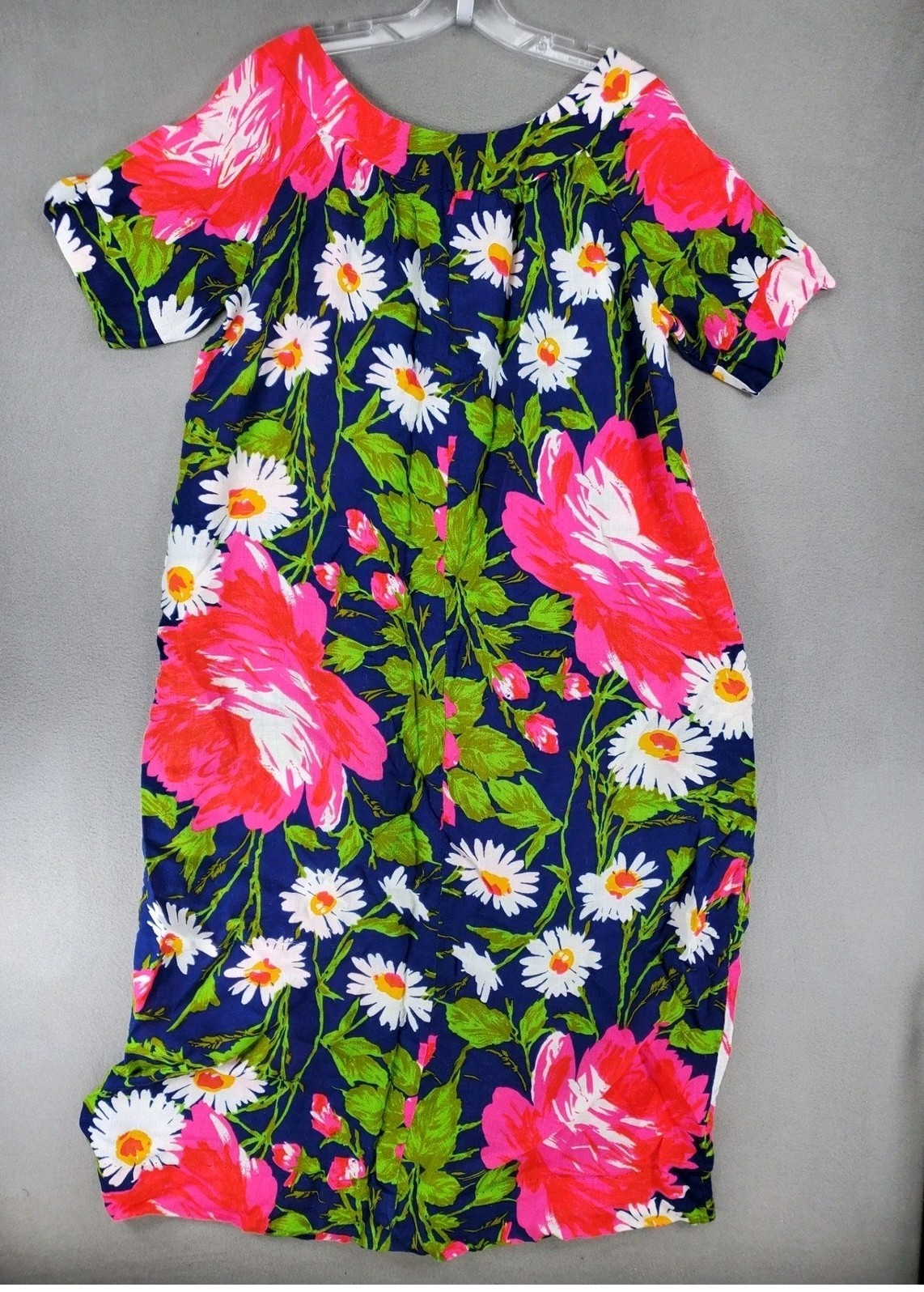 Gerry Muu Muu Sz L/XLNavy Blue Floral Vintage 60s 70s Barkcloth Nightgown Dress