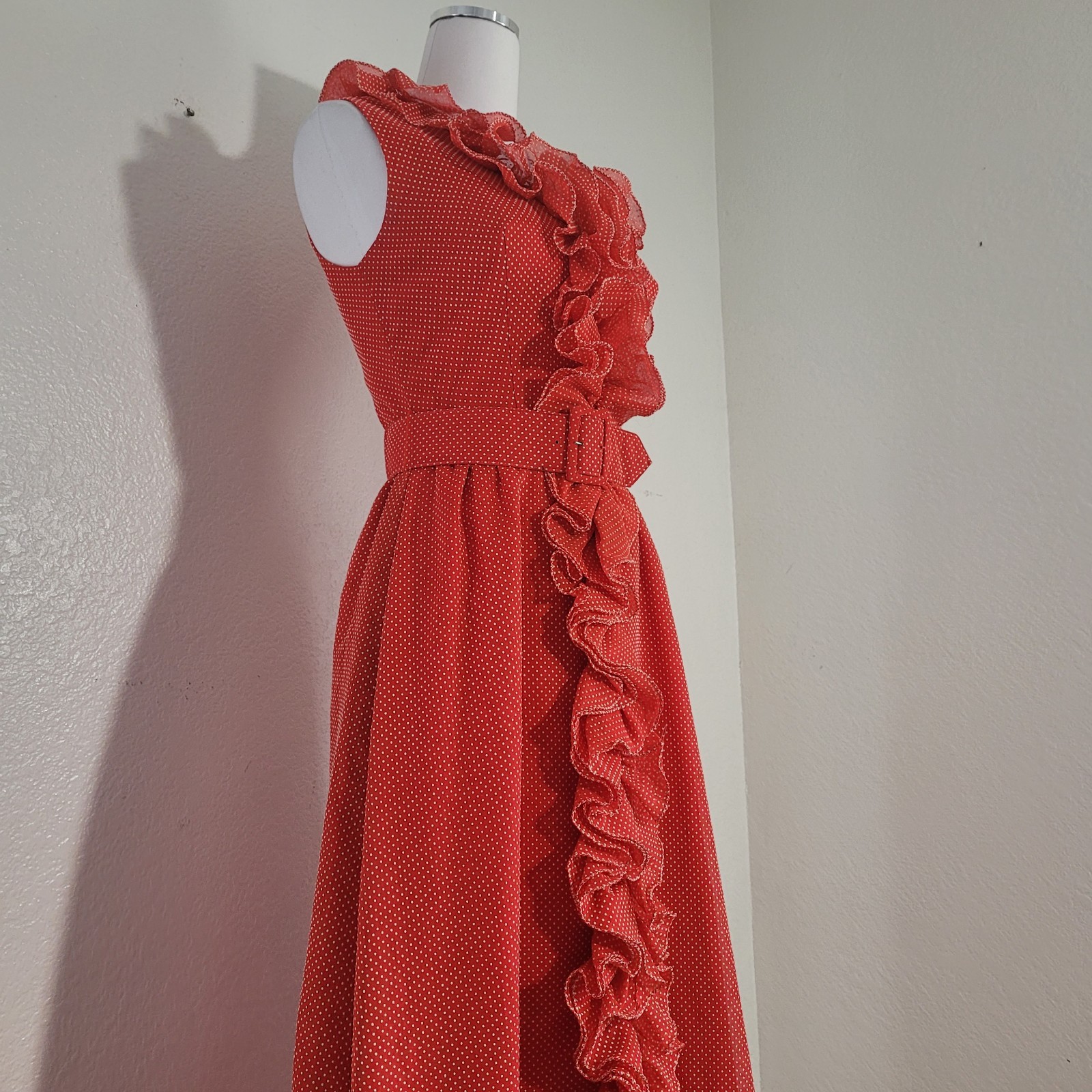 VTG RARE 1970s Miss Elliette Red White Polka Dot Ruffle Sleeveless Dress Size 9