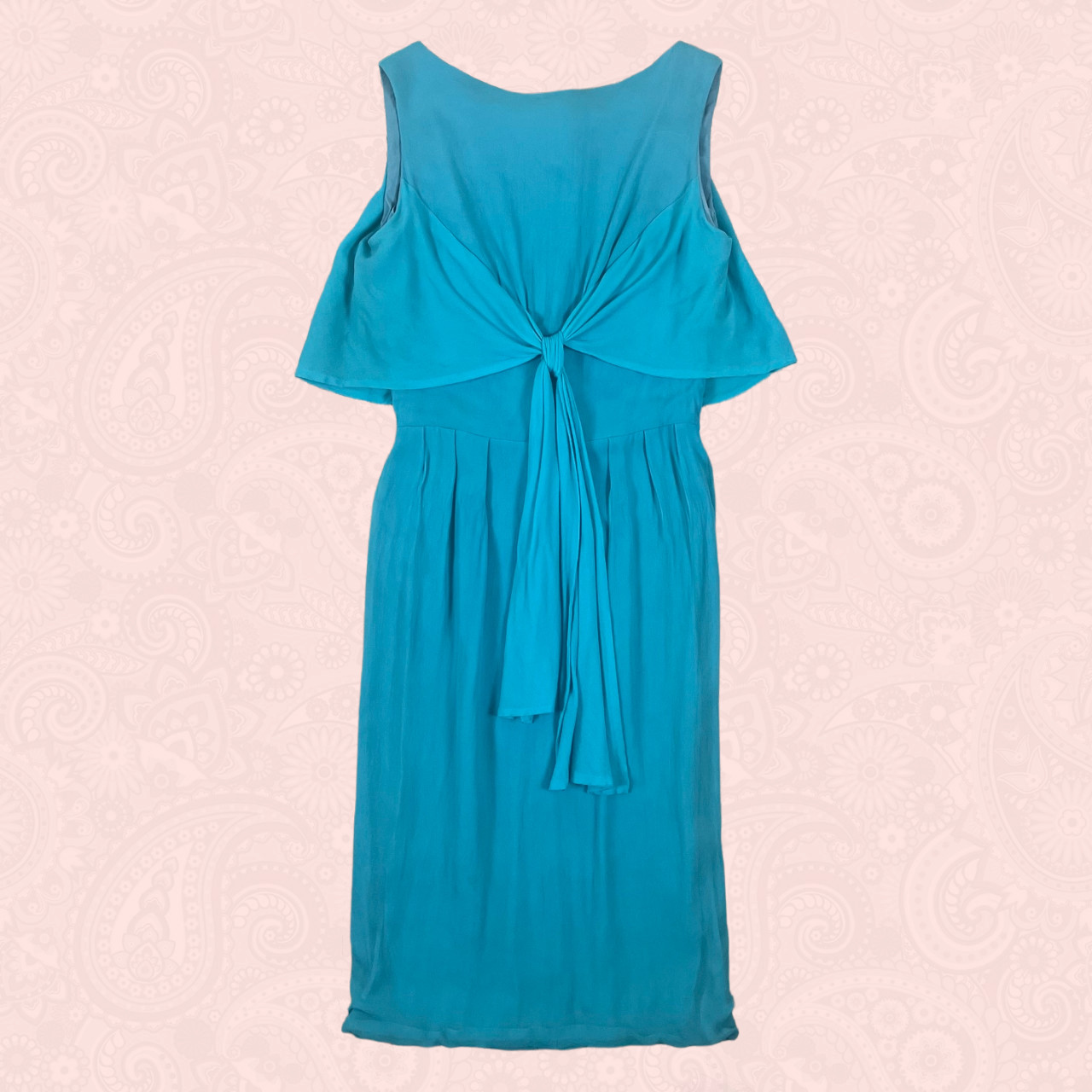Vintage 50s 60s Anita Modes Couture Turquoise Blue Chiffon Capelet Tie Dress XXS