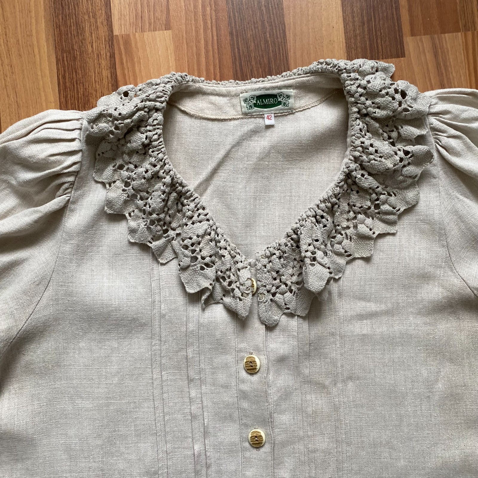 100% Linen Vintage Puff Sleeves Blouse Button Front Bavarian Romantic Folk 42