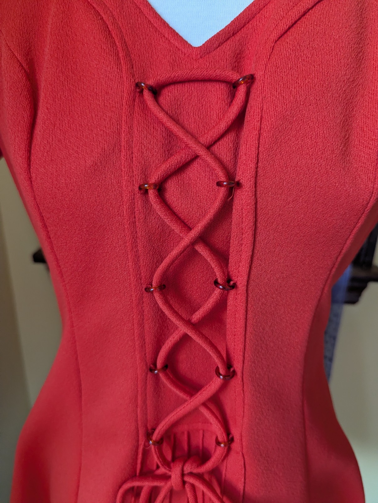 Vintage 70’s Lace Up Polyester Puff Sleeve Babydoll Mini Red Dress Size Small