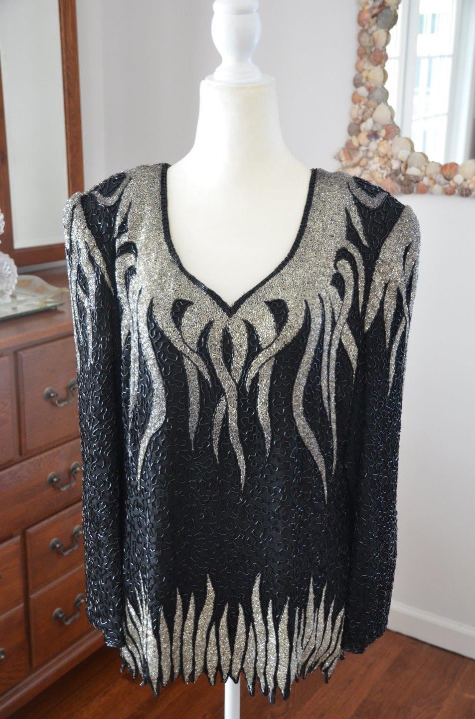 Vintage 80s 100% Silk Black & Silver Heavily Beaded Evening Top! 1X Plus Size