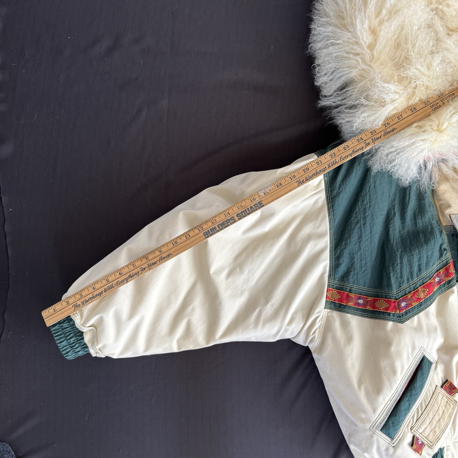 Vintage National Park J.Gallery Colorful Bomber Jacket Mongolian Lamb Fur Trim L