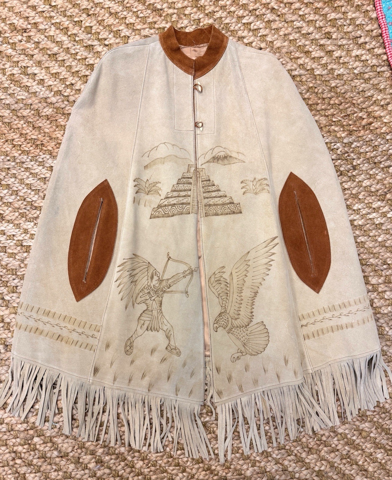 Vintage suede leather Mexican Indian fringed cape hand painted Western hippie