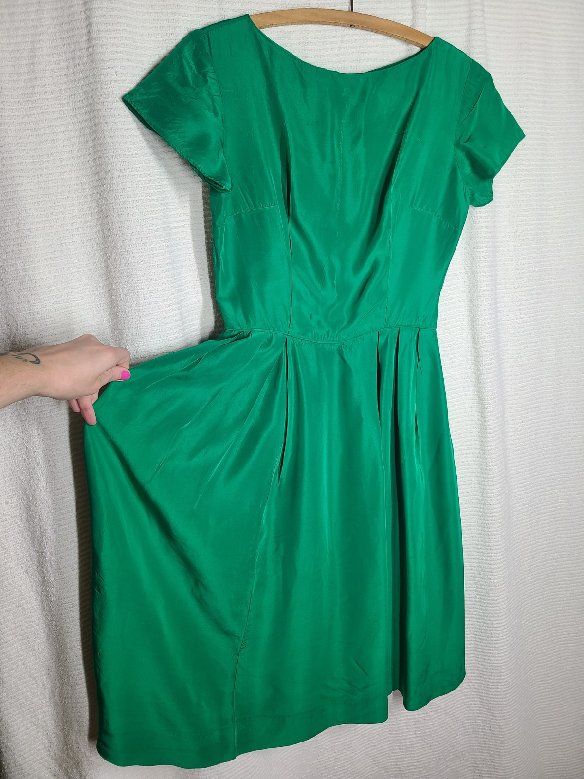 Vtg 60s Emerald Green Portrait Collar Dress Metal Zip Full Pleat Skirt Rayon 27w