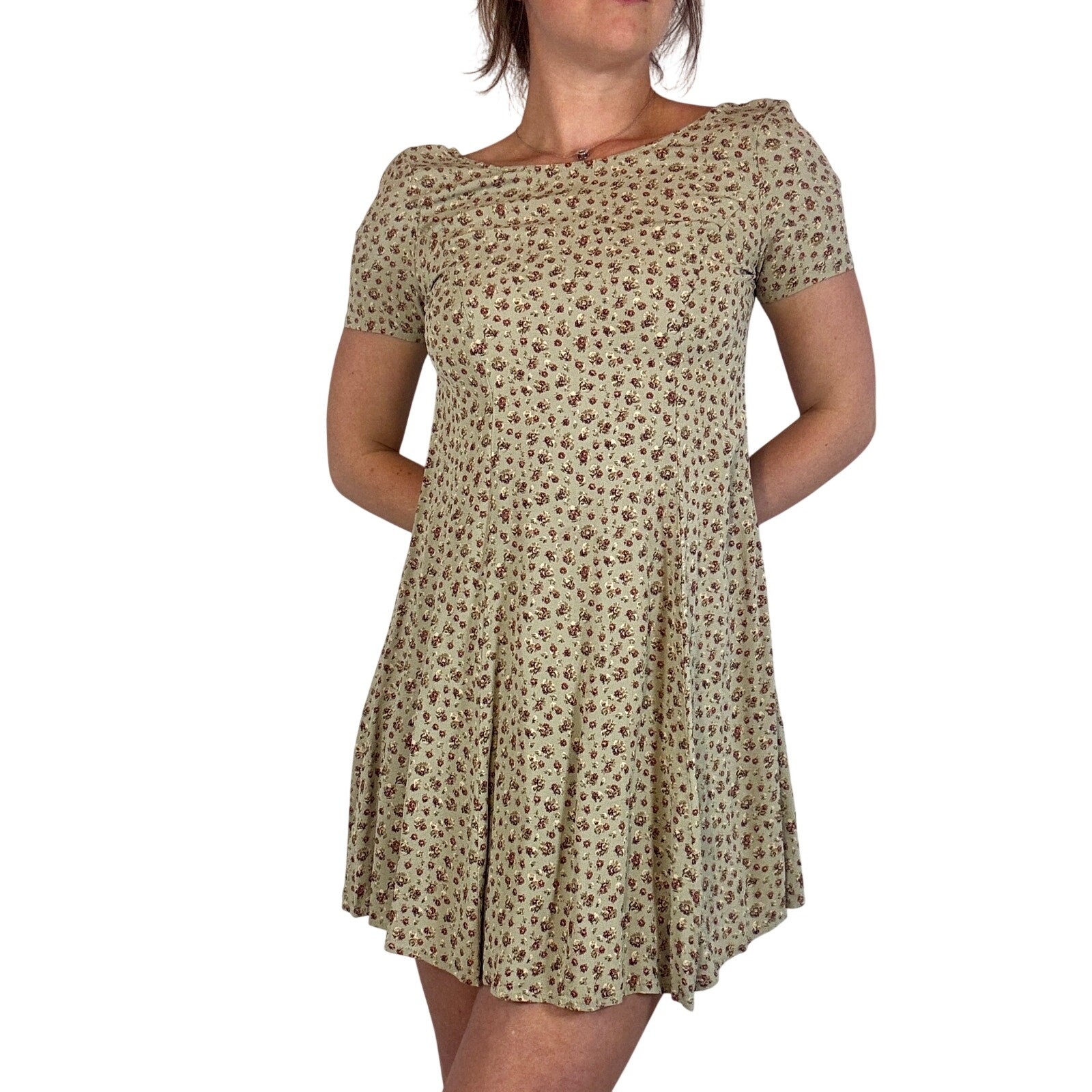Vintage 1990s Ann Taylor Floral Mini Dress Green Bouquet Print Smocked Back 10P