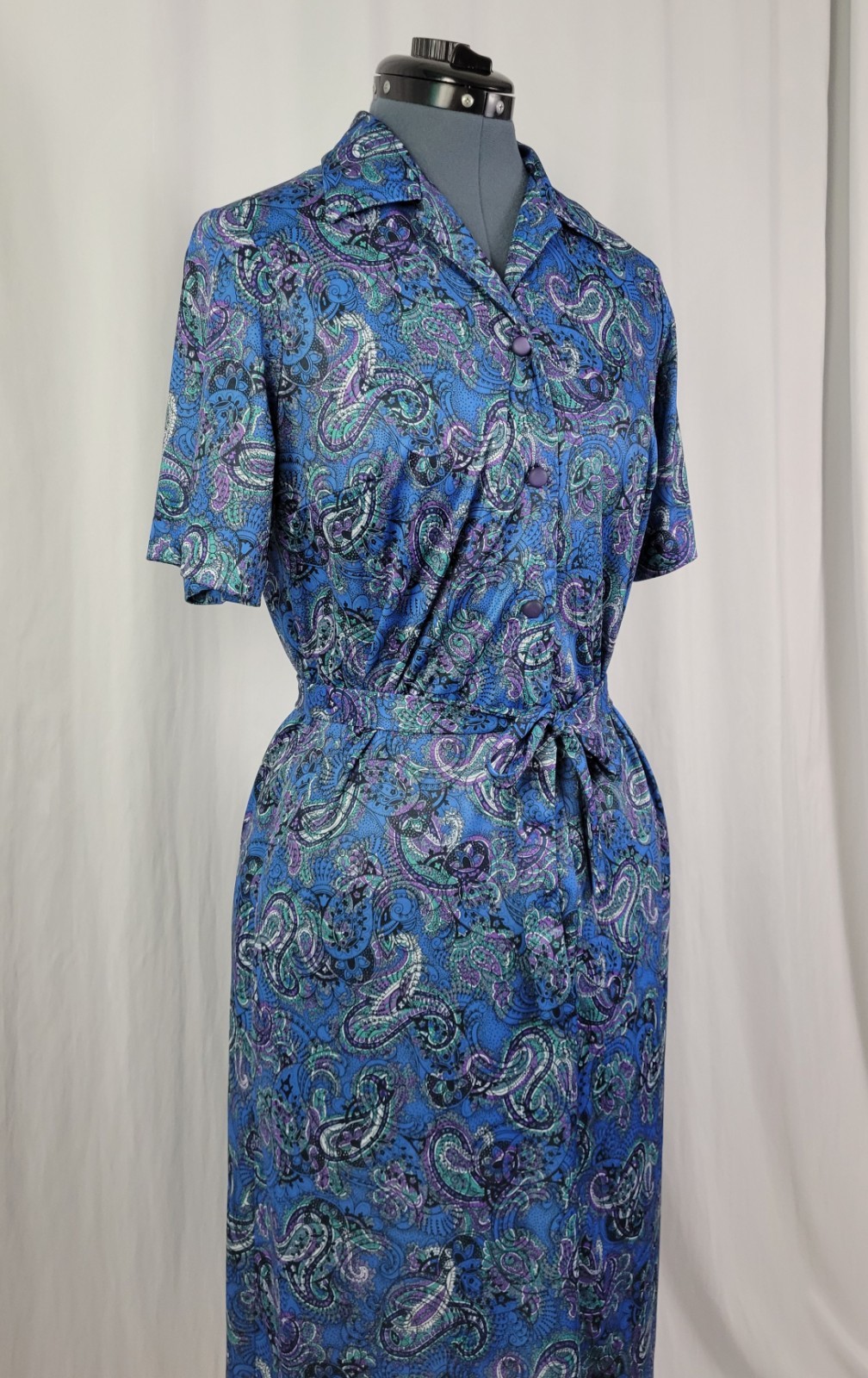 Vintage Ina Carol Blue & Purple Paisley S/S Dress w Matching Tie Belt Size 14