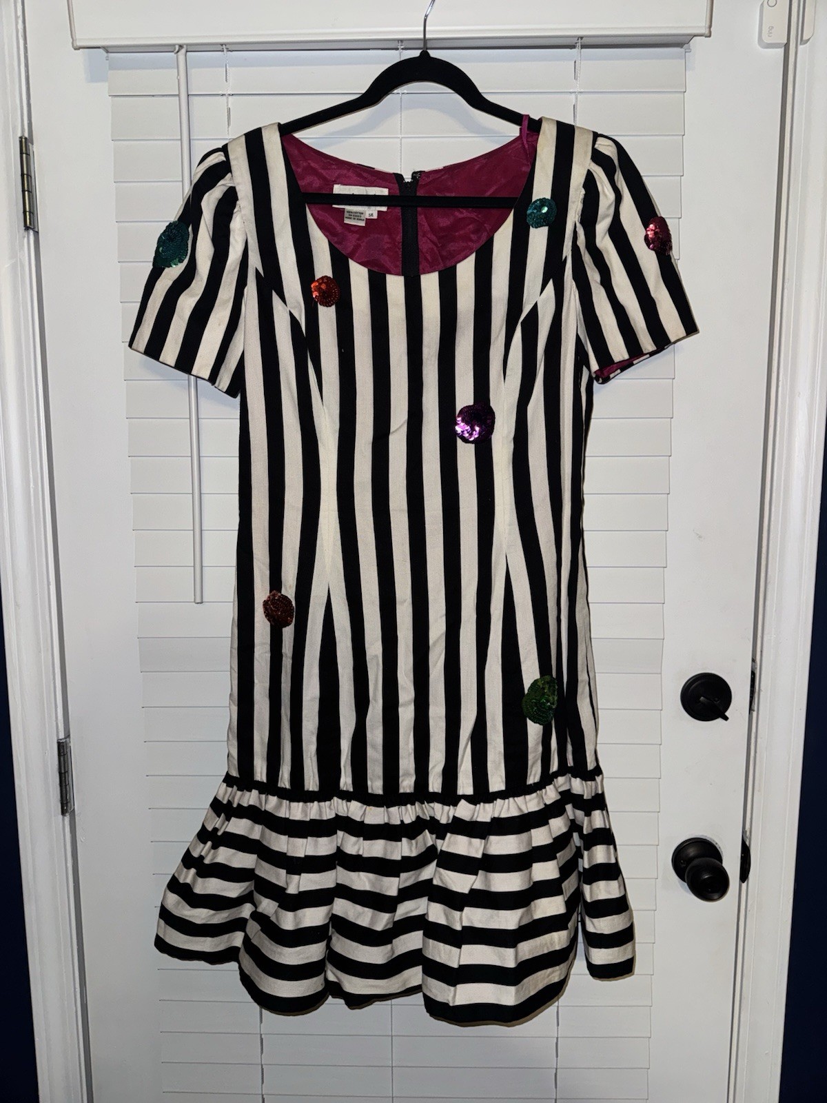 Vintage 1980s Morton Myles Striped Dress Sequin Appliqué Cotton Cocktail Black