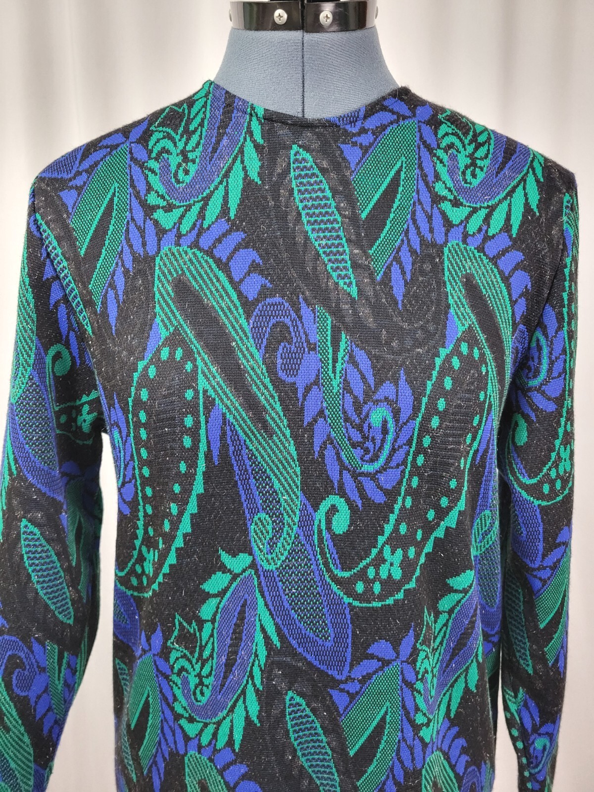 Vintage Newton Centre Black A-Line Sweater Dress w Blue/Green Paisley Size 6
