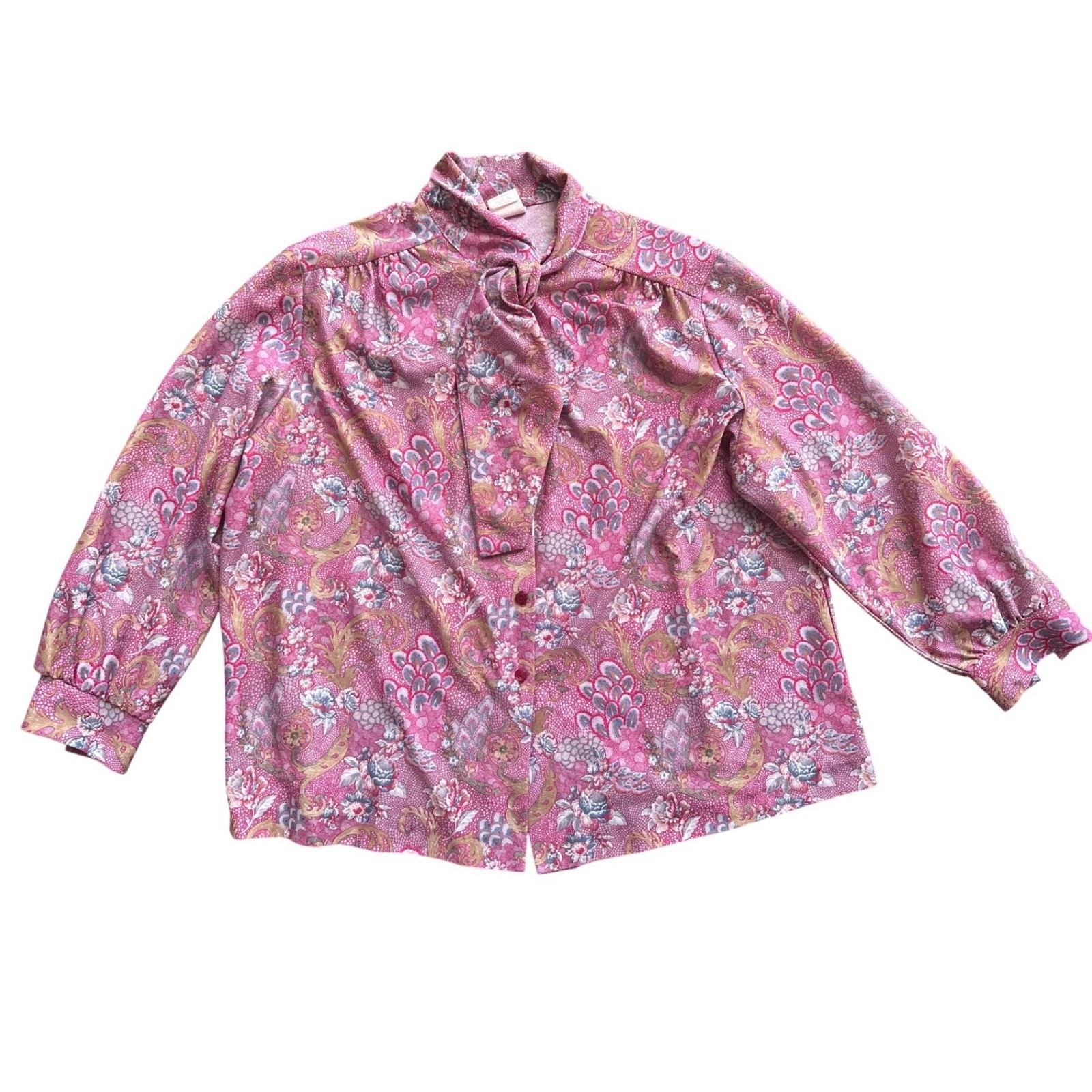 Lady Graff Vintage Pink Paisley Floral Pussy Bow Blouse Size 42 Long Sleeve Top