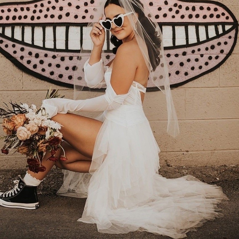 For Love & Lemons Eve Ivory Lace Corset High-Low Tulle Gown Sz Large Wedding
