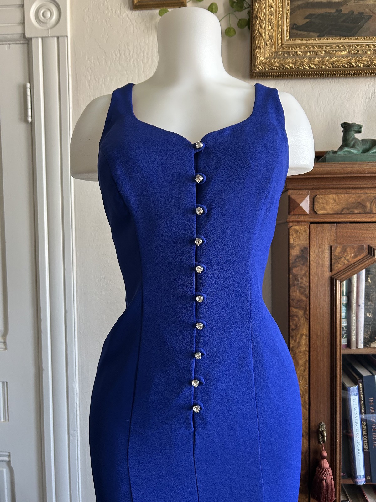 Vintage 1990s CDC Petite Blue Button Up Strappy Midi Wiggle Dress Sweetheart 6P