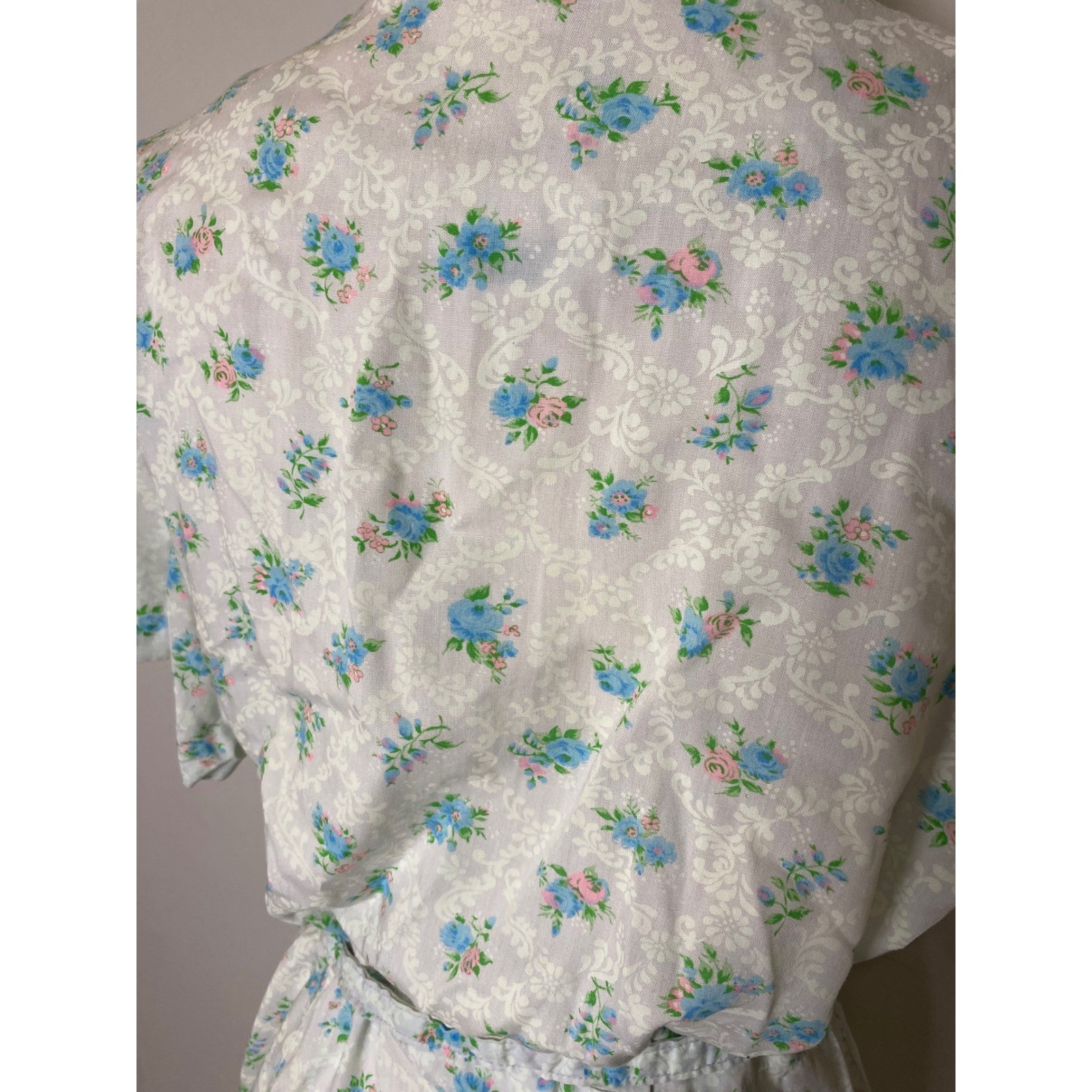 Vintage 1940’s Floral Day Dress Blue Pink Cotton Belted Button Front Tea Dress