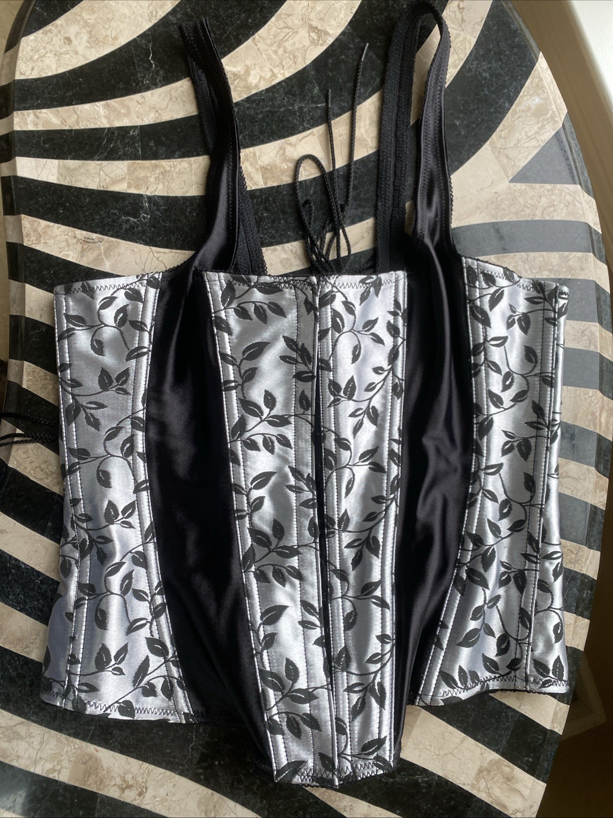 Vintage Corset Top 90s Black Silver Coquette Floral Lace Up Fairy Size 38 Large