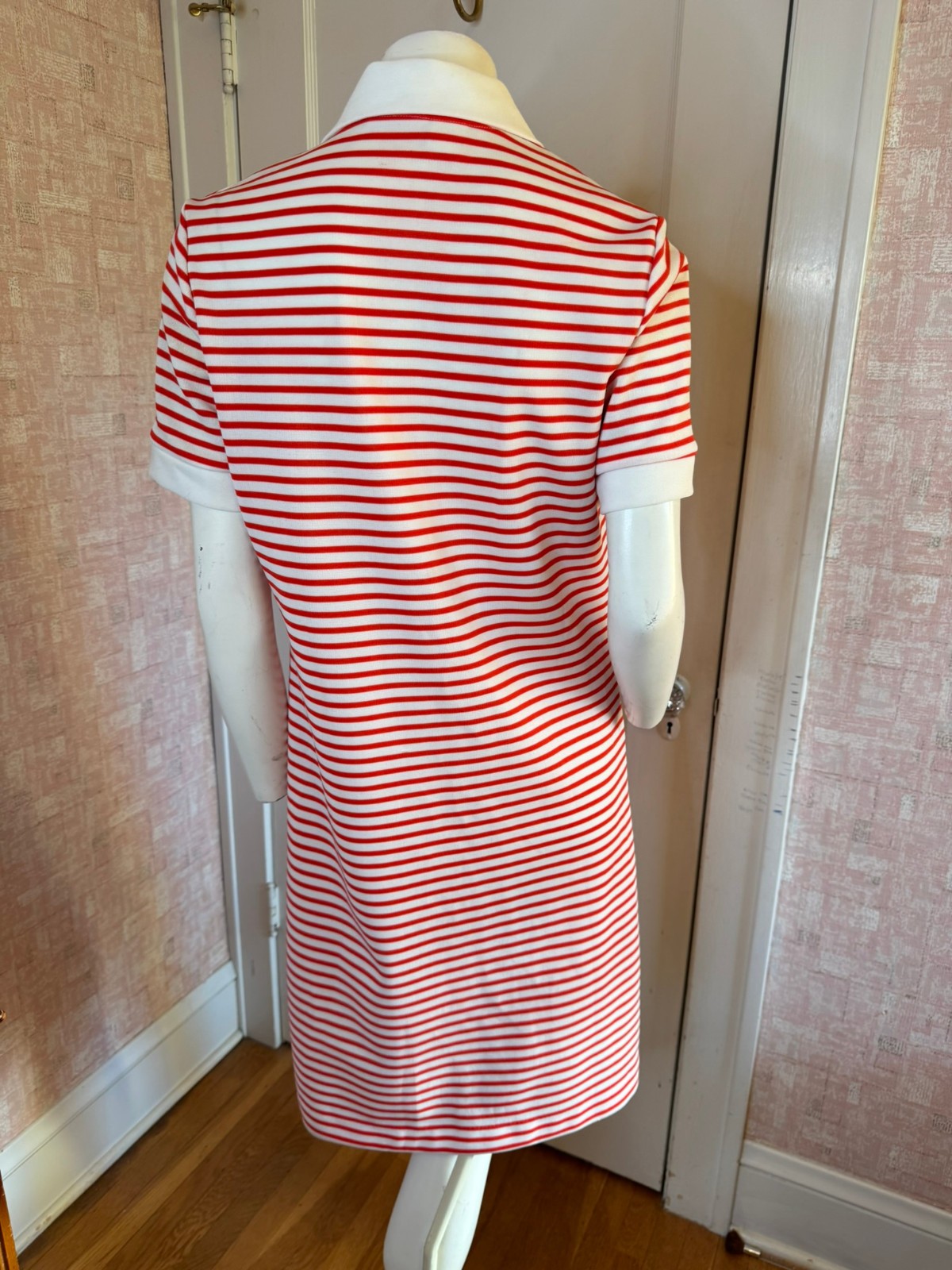 Vtg Red & White Knit Short Sleeve Collared Zipper Front Twiggy Mod Dress sz L