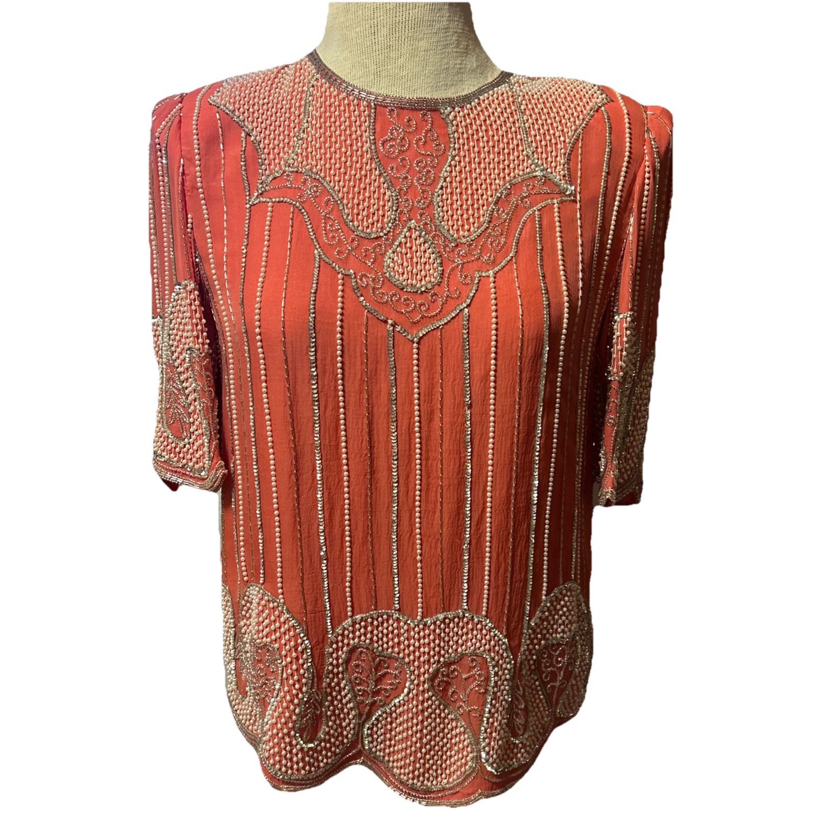 Judith Ann Creations Beaded SILK 2 Piece Women’s SM Coral Pink Lined Sequin READ
