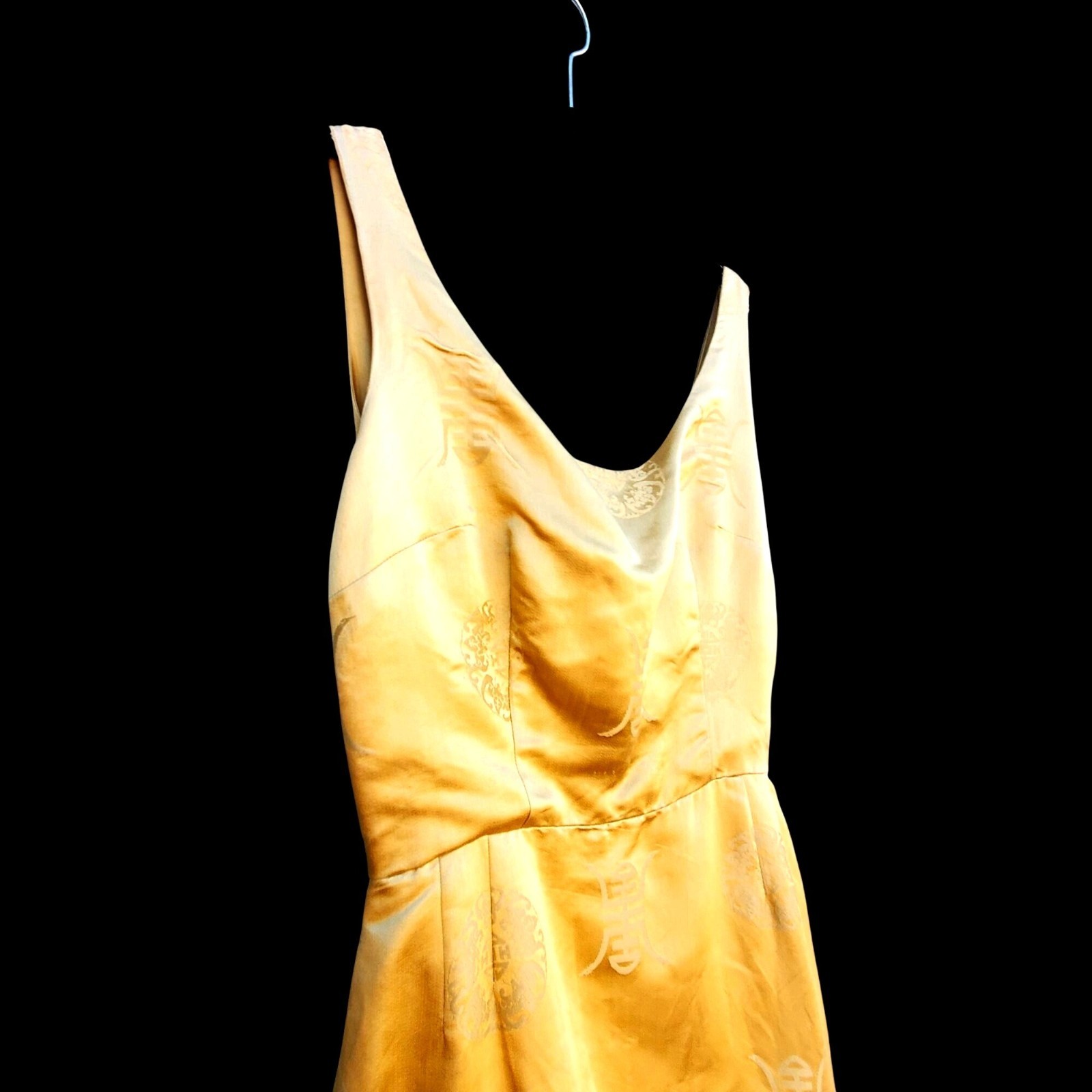1950s Pin Up Wiggle Dress 10 Curvy Gold Chinese Brocade Rockabilly 25″ Waist