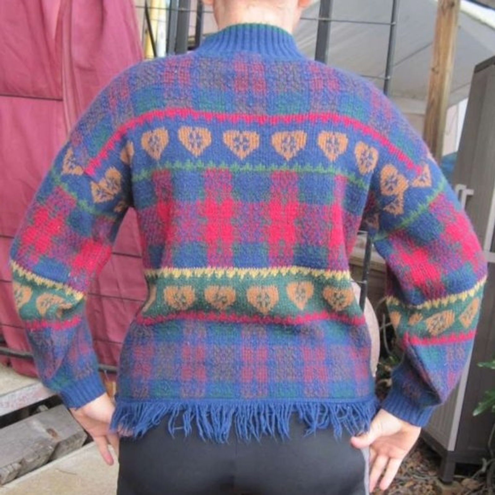Heartworks M 8- 10 Brown Heart Green Red Blue Plaid Fringe Hem Pull Over Sweater