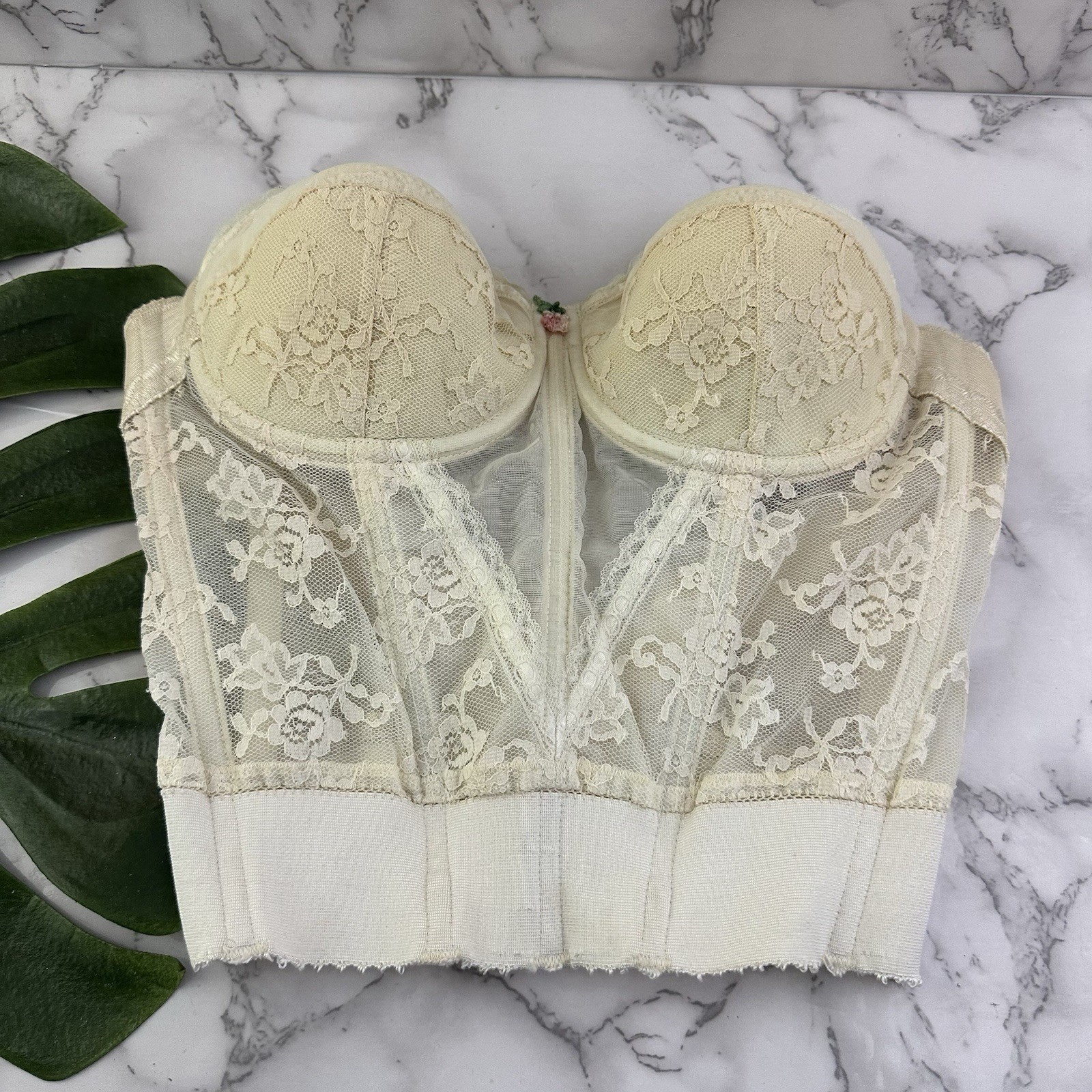 Hickory Dare Womens Vintage 50s Corset Longline Bra Size 34 B Cream Lace Bustier