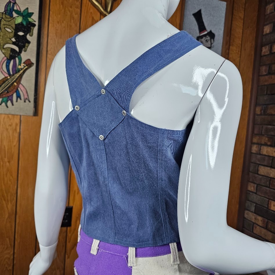 Vtg 90s do 70s Cowgirl Renaissance Western Chambray Denim Vest Hillbilly Top XS