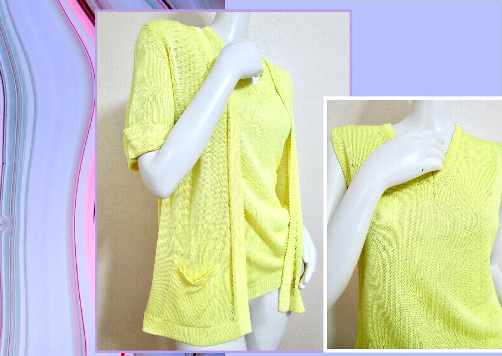 Vintage 70s Yellow Sweater Sleeveless Shell SS Swing Cardigan Set Pointelle S XS