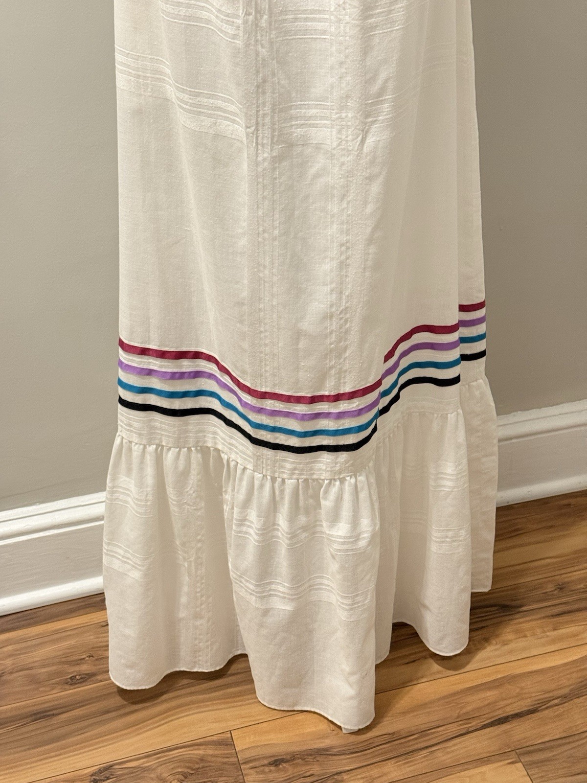 Vtg Liberty House Carol Bennett Kaftan Maxi Dress White Colorful Ribbon M READ