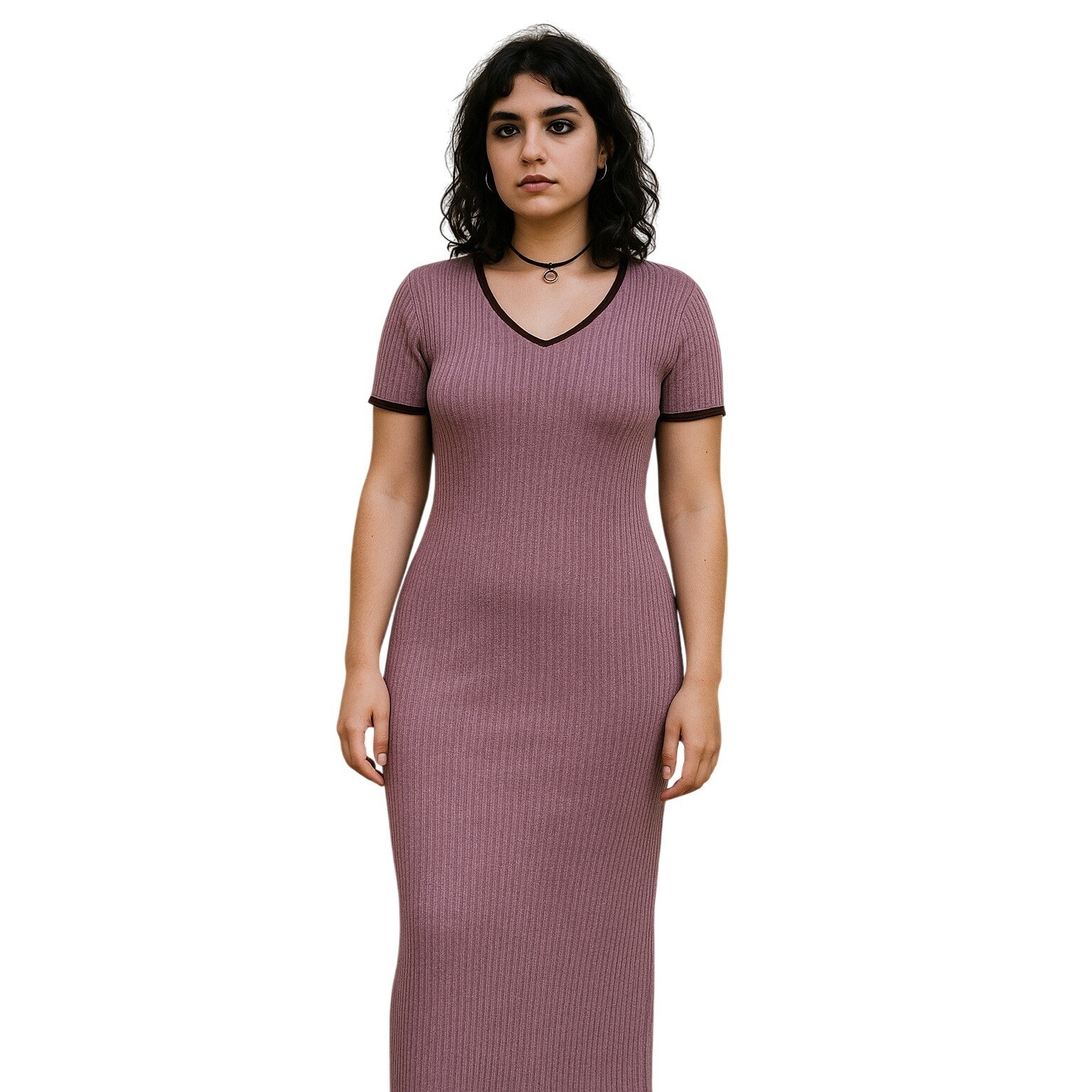 90s Xhilaration Mauve Ribbed Knit Maxi Dress V-Neck Short Sleeve Medium USA