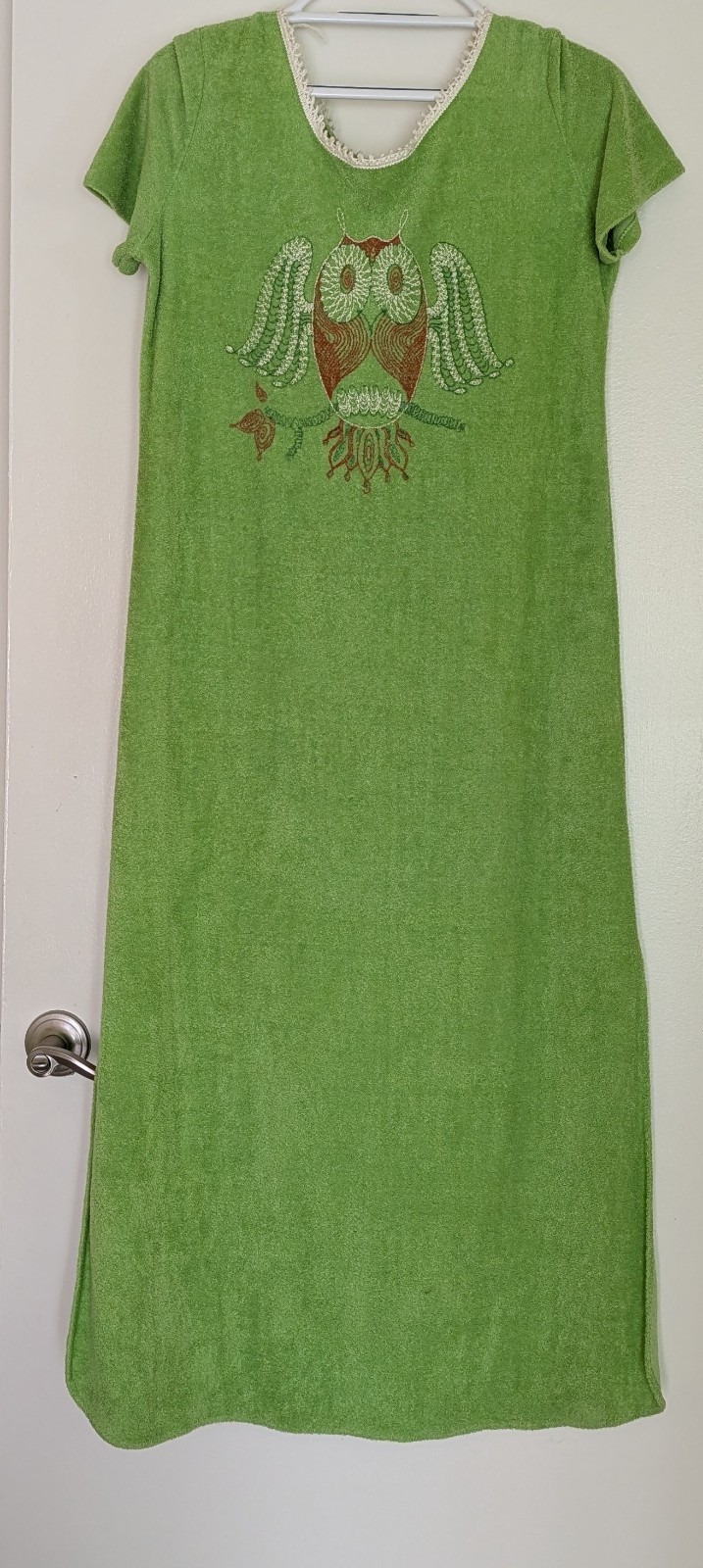 VTG Miss Smarty Pants Terry Cloth Dress Green Owl Print M House Dress 70’s Beach