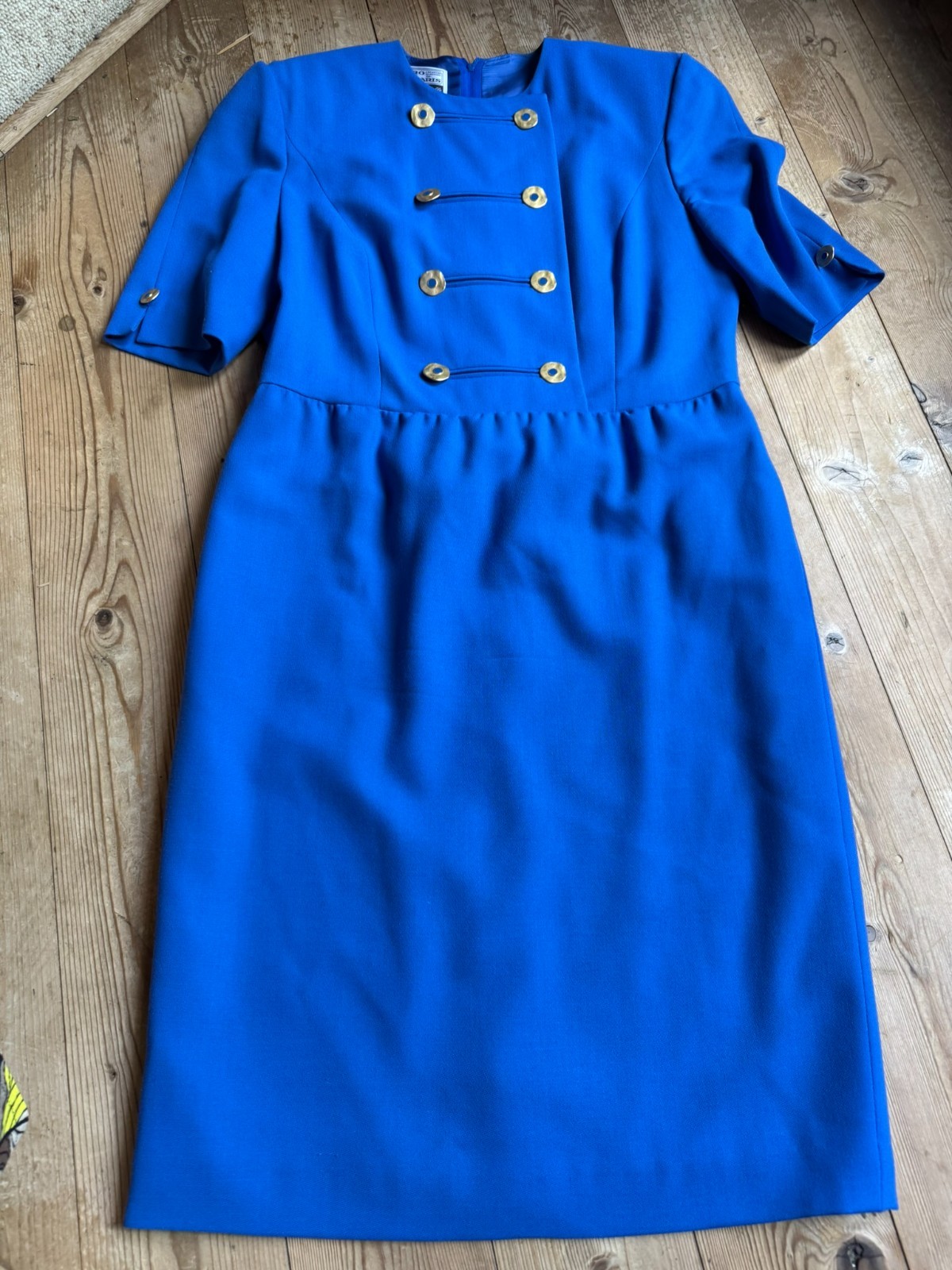 Vintage Dress Royal Blue Gold Buttons Navy Style 80s 90s Size 42 44