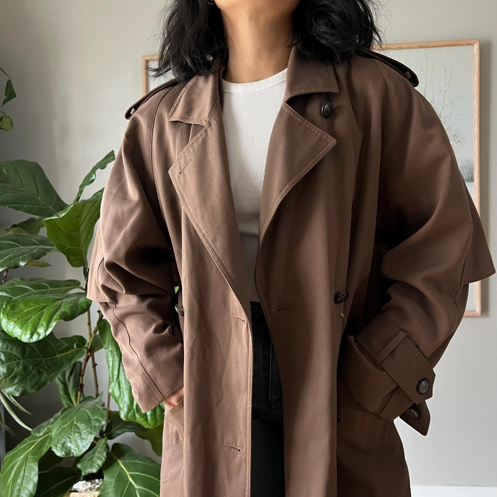 Vintage Brown Trench Coat Minimalist Long Coat Classic Oversized 90s Chic