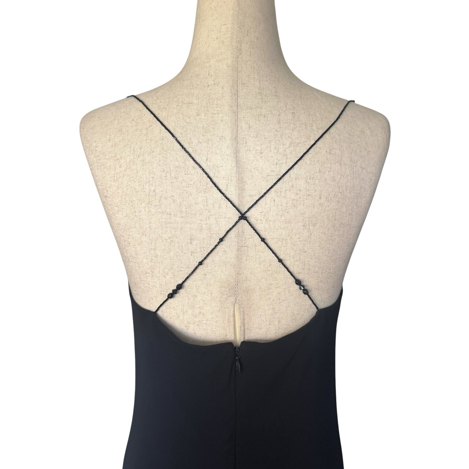 Vintage 90s Laundry Black Slip Maxi Dress Gown Beaded Straps Minimal Formal sz 6