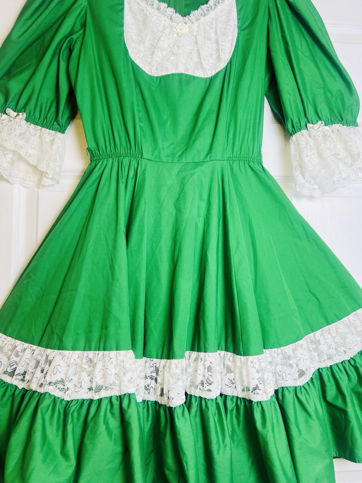 Vtg Partners Please Green White Lace Trim Flare Swing Square Dance Dress Size 12
