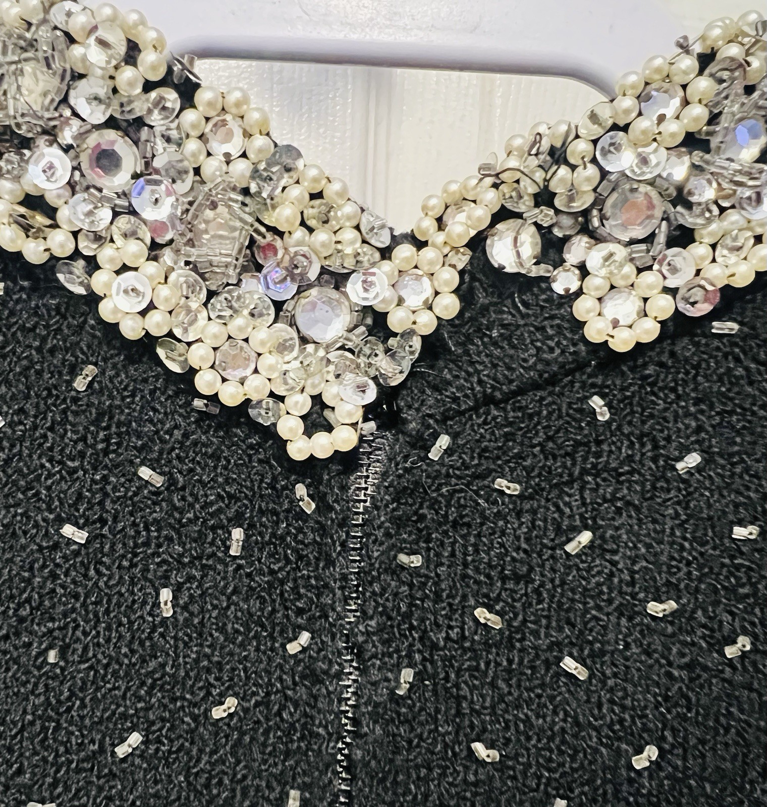 Vtg 50s Couture GENE SHELLY Boutique International Rhinestone Wool BEADED Dress