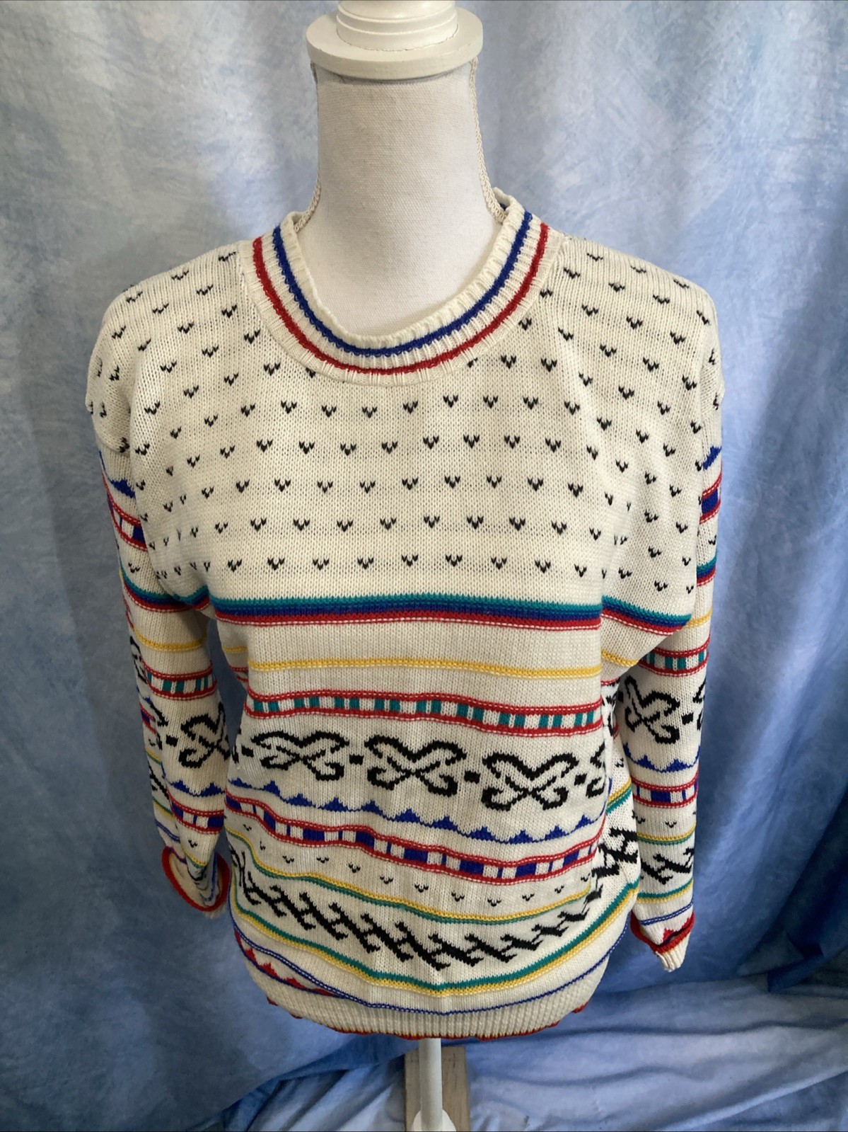 Vtg 80s Beldoch Popper Abstract Geometric Sweater USA-Made Bright Colorful S/M
