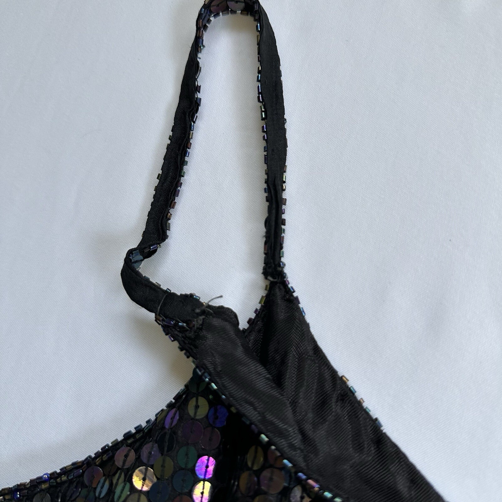 VTG 100% Silk Sequins Beaded Spaghetti Black Strap Top Spell Bound Size Medium