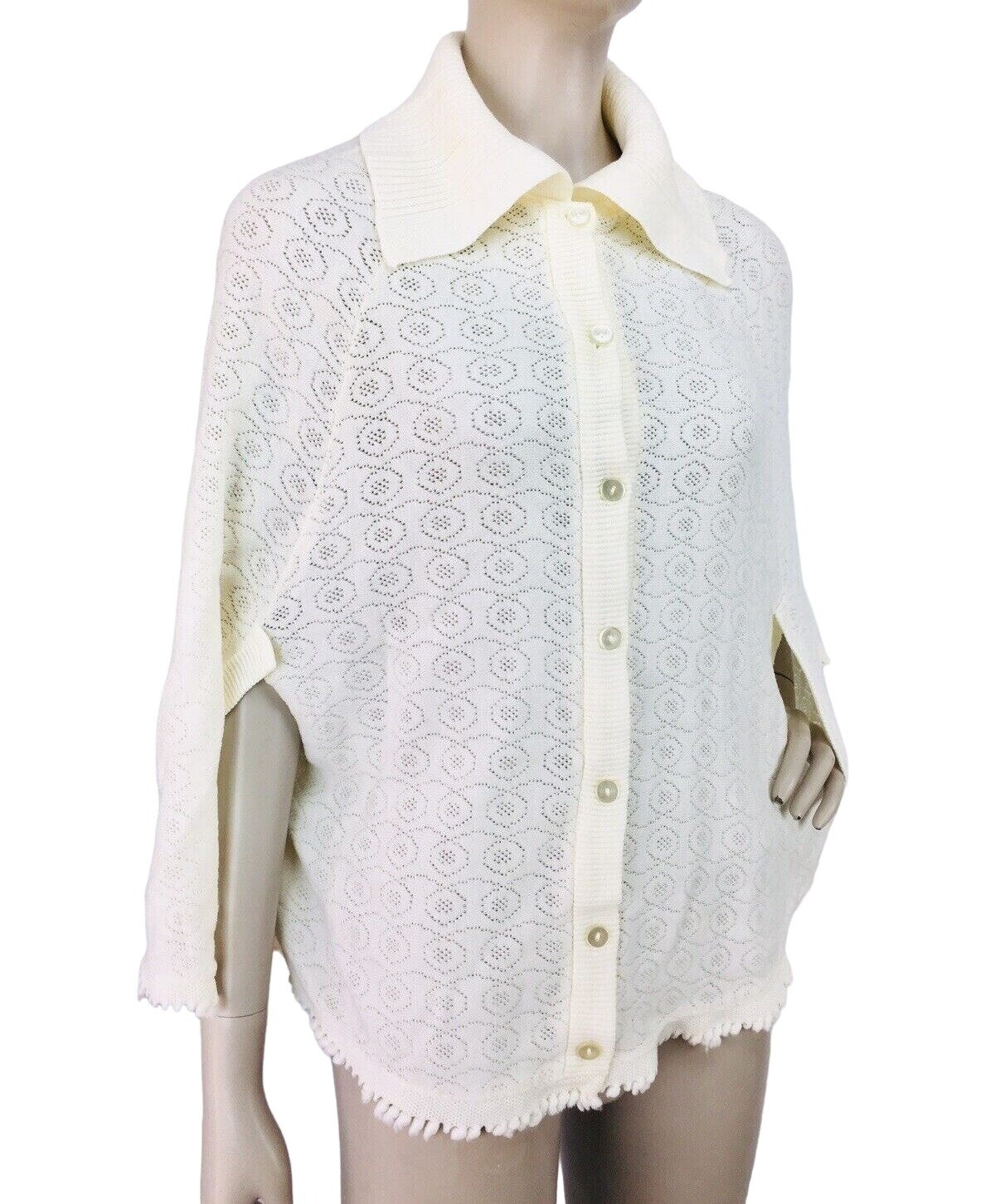 70s Vintage Ivory Crochet Knit Button-Down Poncho Cape Shawl Sweater
