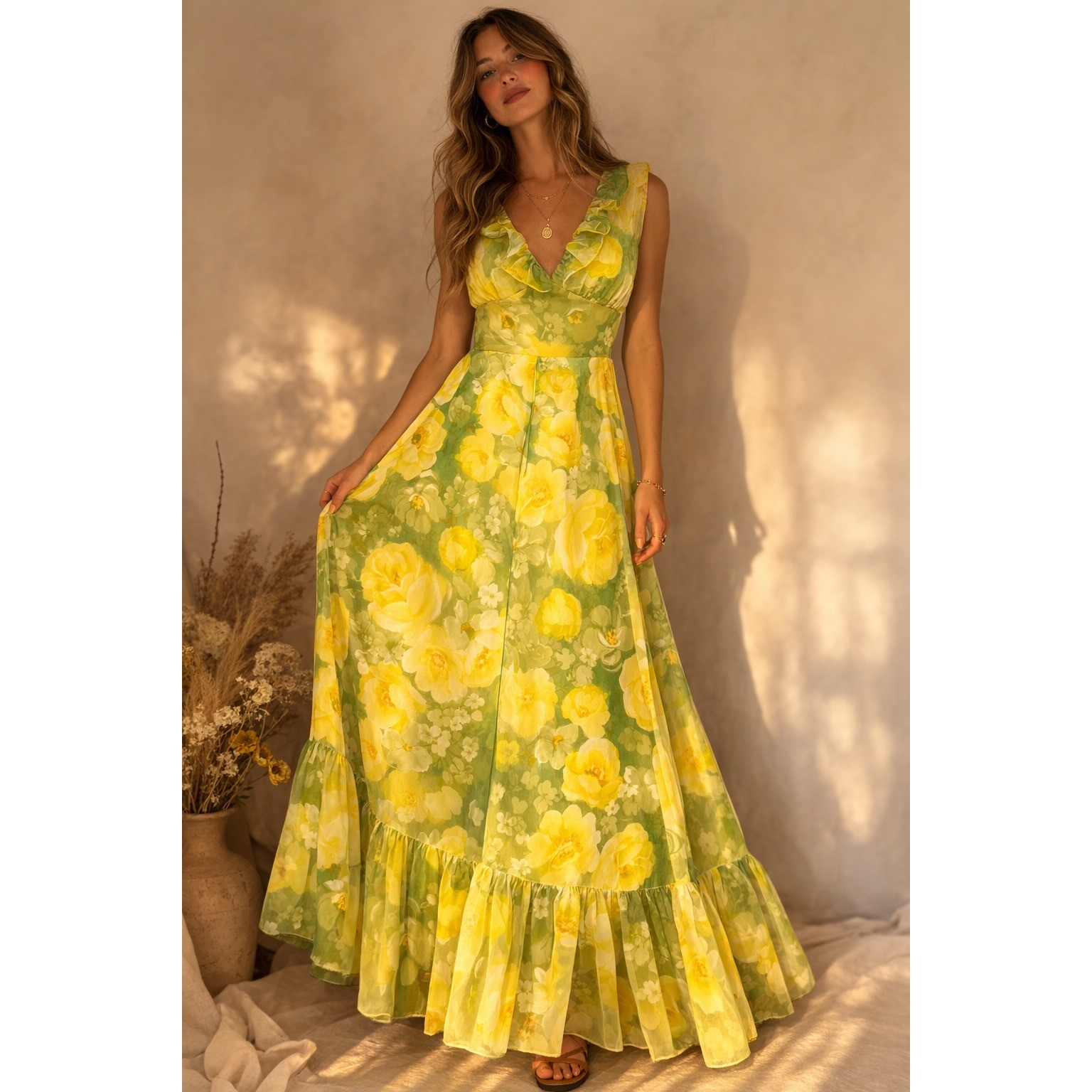Vintage 70s Floral Maxi Dress Yellow Green Ruffle Boho Prairie Garden Party Prom