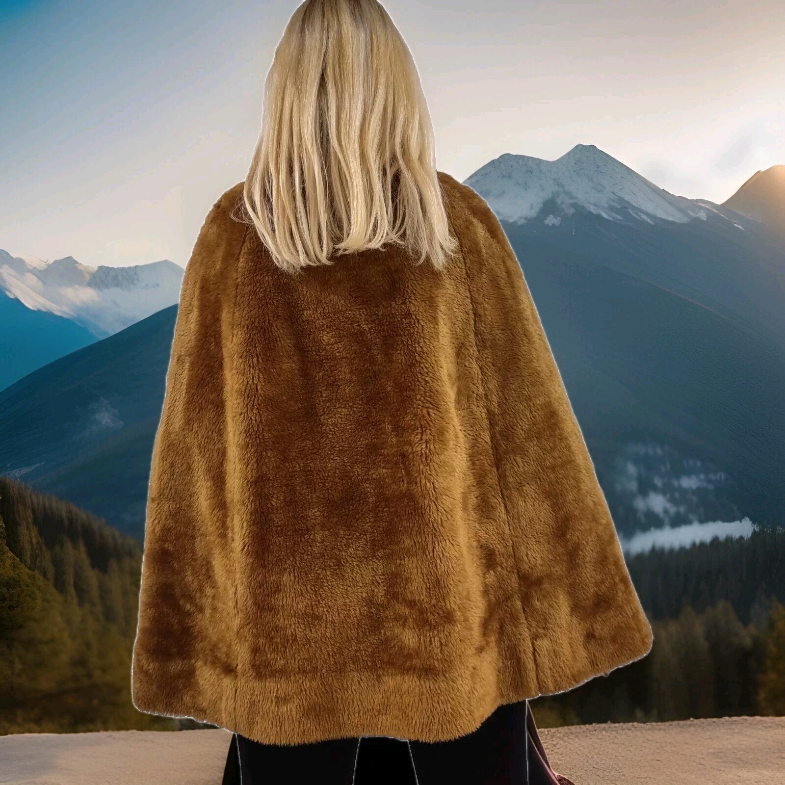 70s Faux Fur Cape Bohemian Look Mustard Bronze Color ASIAN FROG BUTTONS Size S