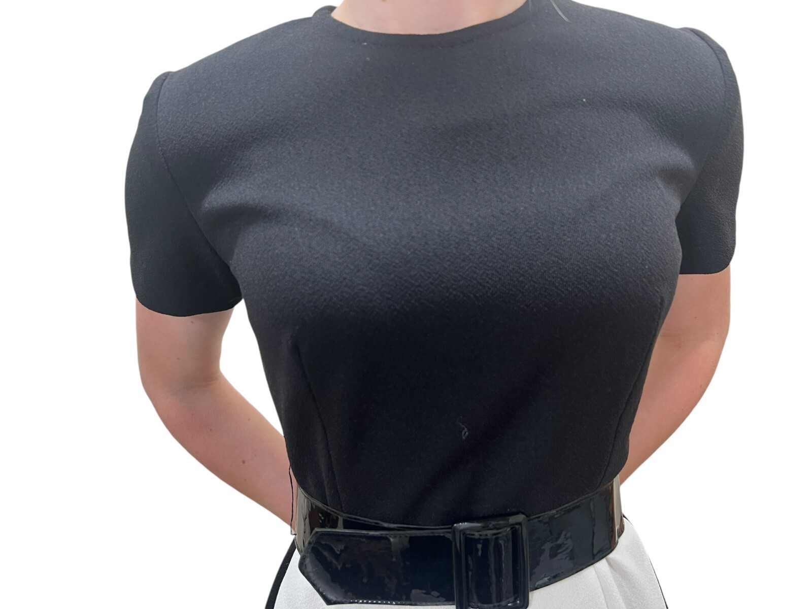 S~M Vtg 70s Mini Dress Fit Flare Soutache Braid Border Belted Knit Black White
