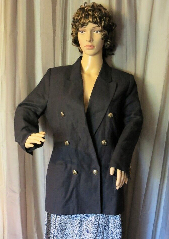 Vintage Stephanie Andrews Blazer Size 10P Navy Double Breasted Women Rayon