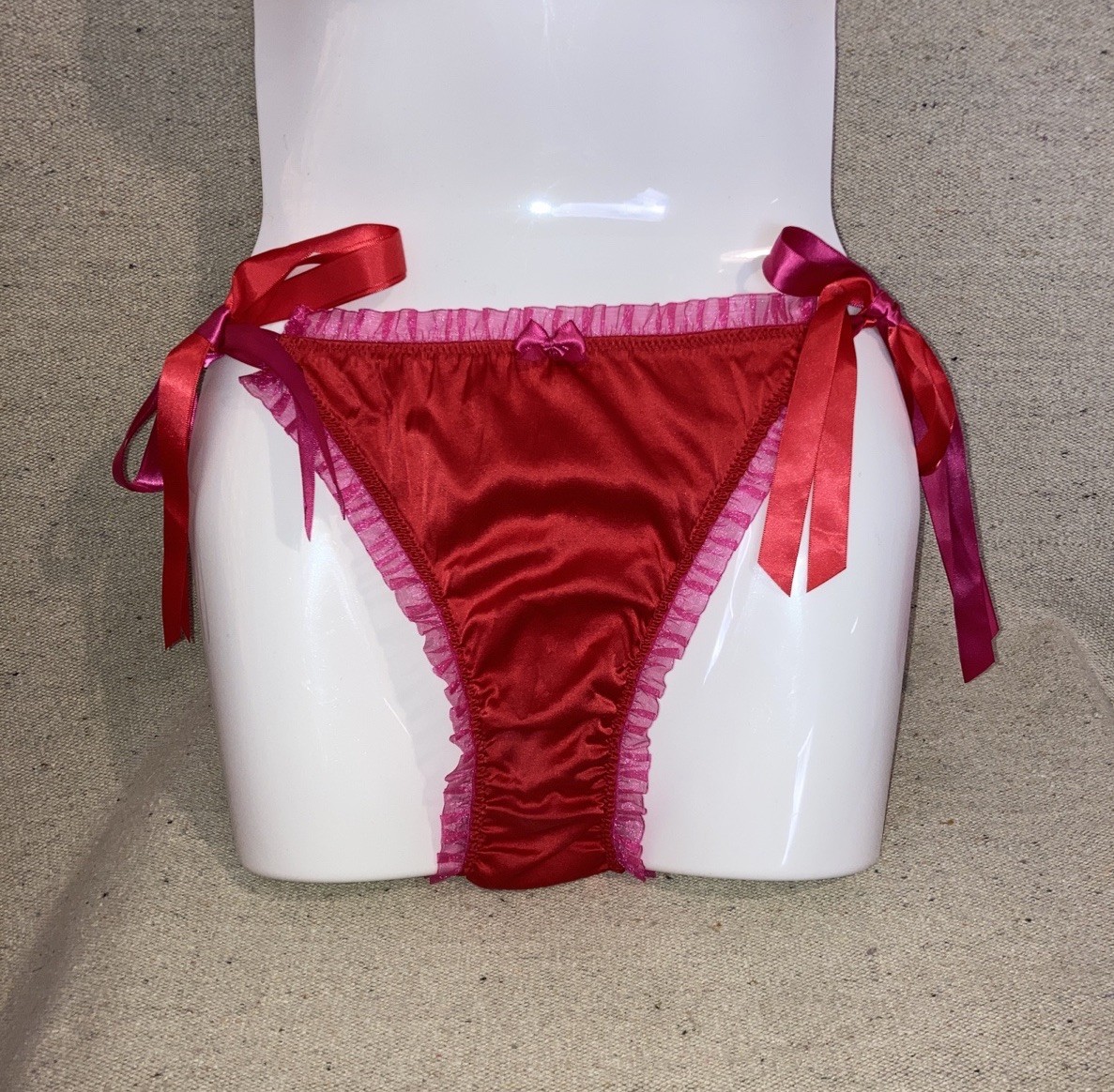Victoria’s Secret Red Silk Satin Pink Ribbon Side Tie String Bikini Panties M L
