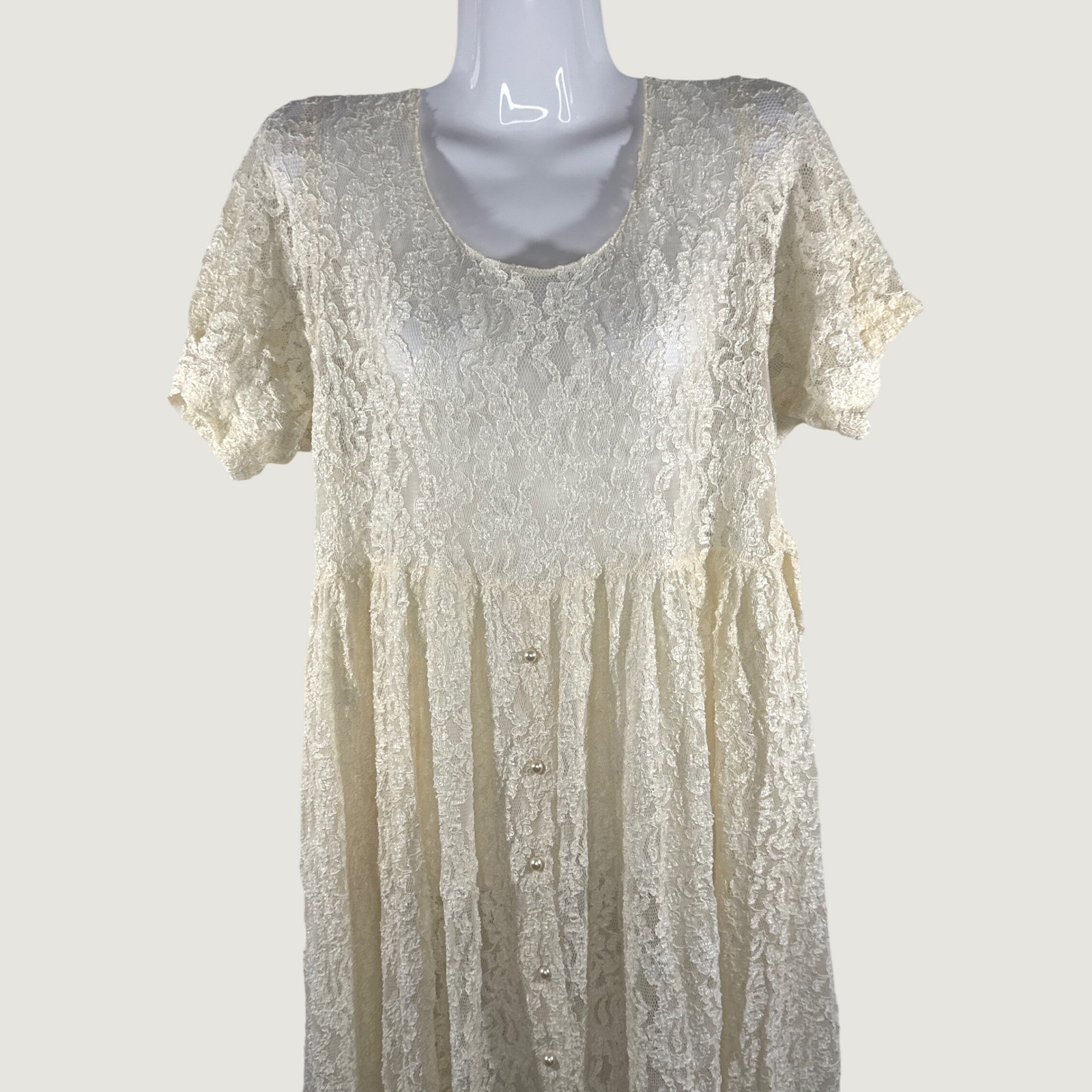 VTG 90s Moda Intl Ivory Lace Pearl Button Front Sheer Midi Dress Sz. 4 Victorian