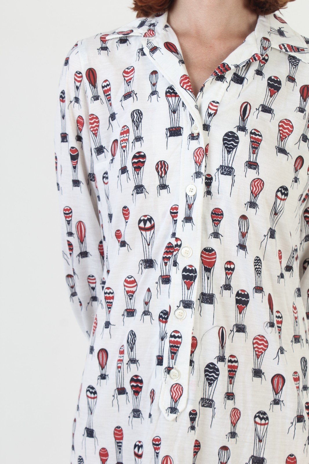 Vtg Hot Air Balloon Shirt Dress Dagger Collar Button Up Novelty Print Sundress