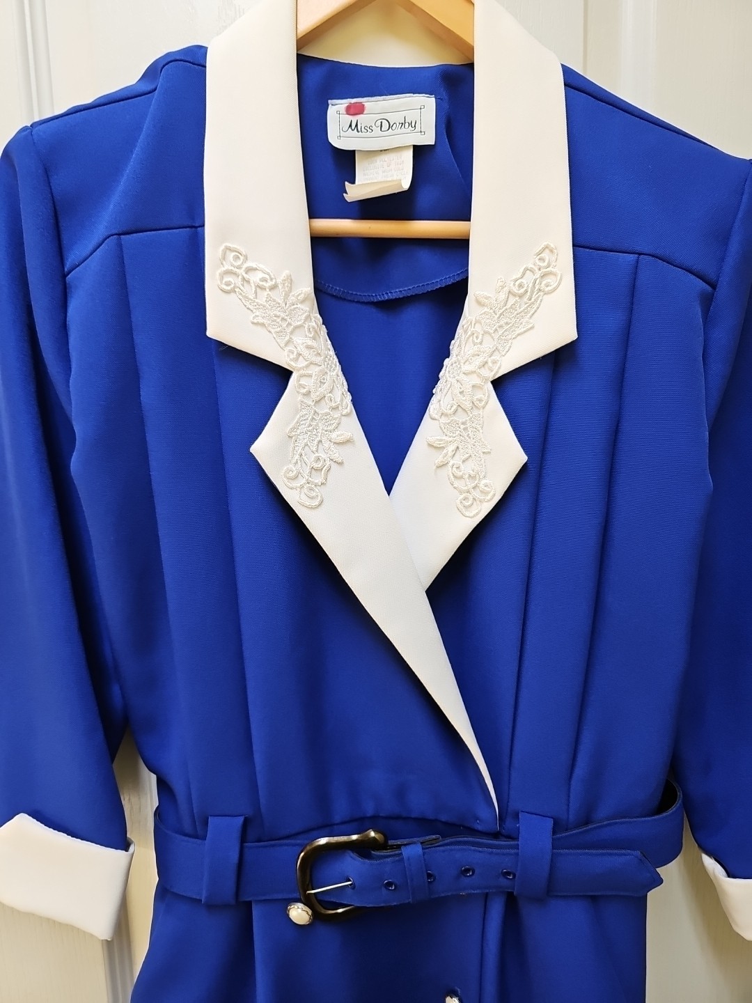 Vtg Miss Dorby Blue & White Double Breasted Belted Blazer Dress 12 P USA ILGWU