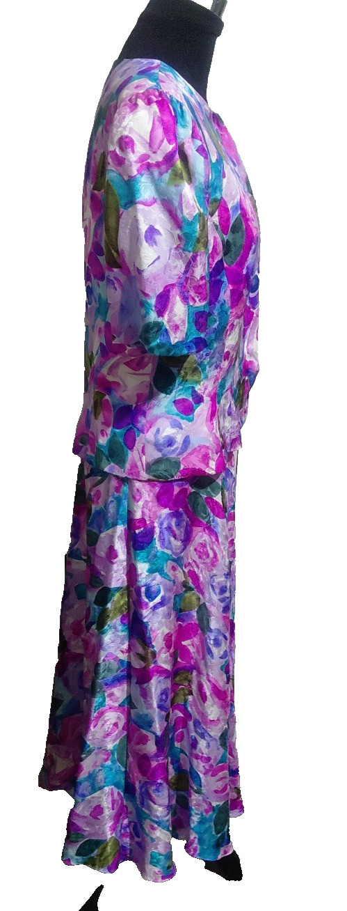 Adrianna Papell 2 PC 100% Silk Jacket & Long Skirt Pink Blue White Floral SZ 14