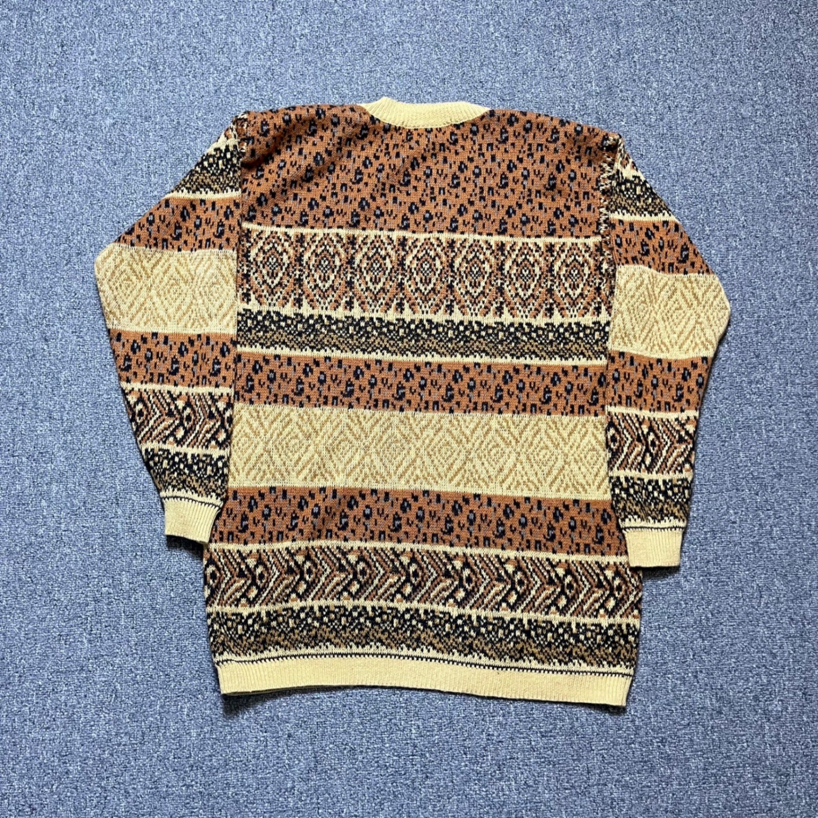 Vintage SK Wear Sweater Small Brown Leopard Fair Isle V-Neck Knit 90s Retro