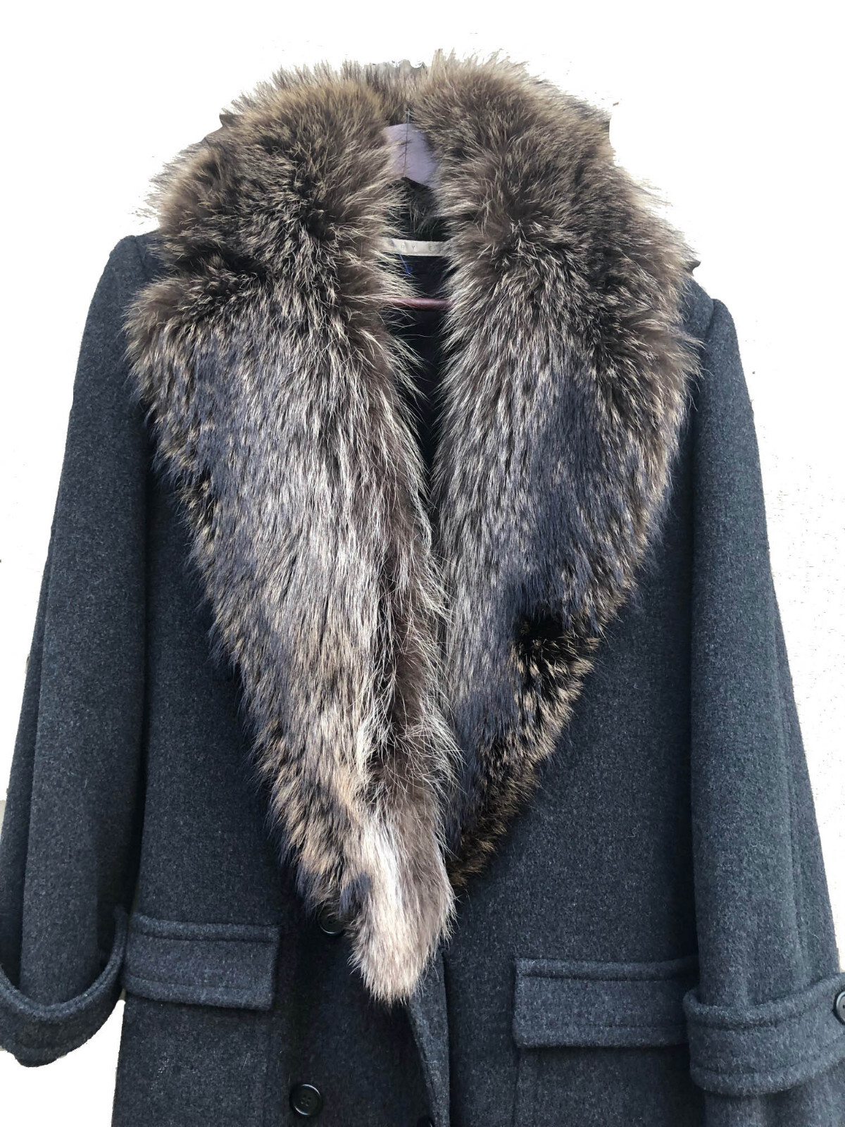 Perry Ellis VTG 70s-80s Maxi Dark Gray Wool Coat w/ Raccoon Fur Shawl Collar 12