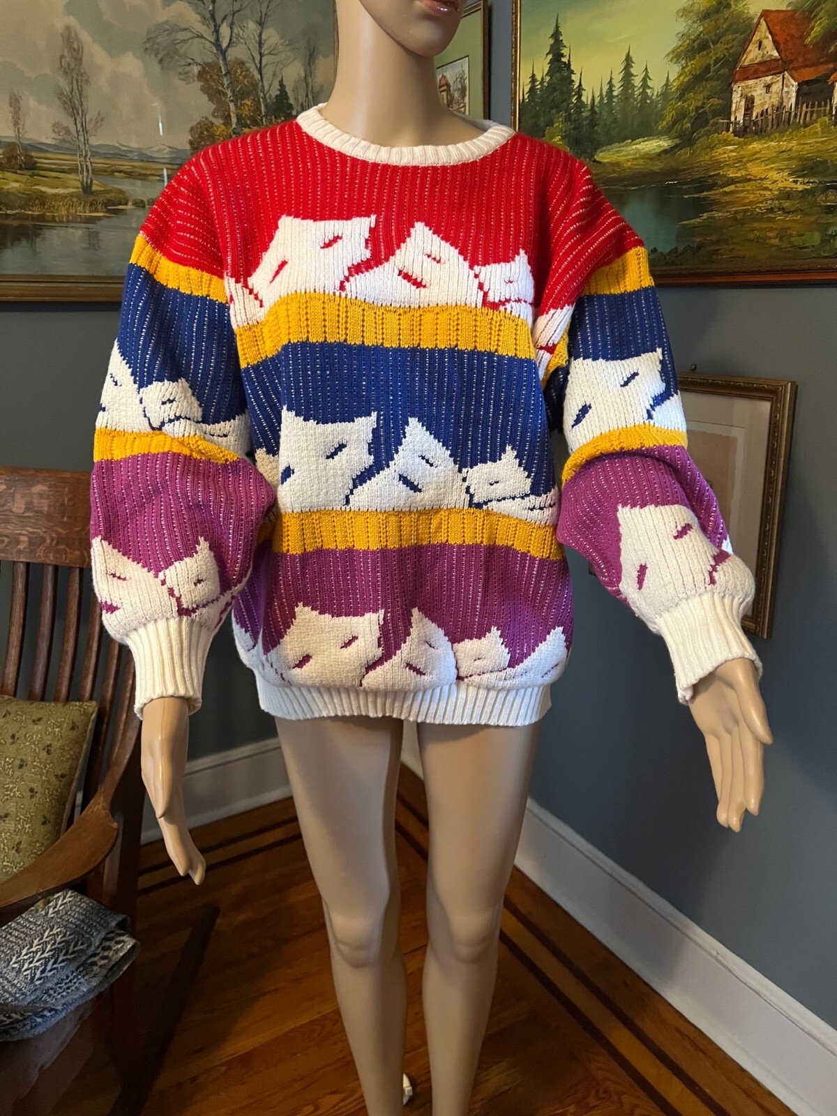 Vtg 80s Organically Grown Large Red Yellow Blue White Sweater Oversize Crew Neck